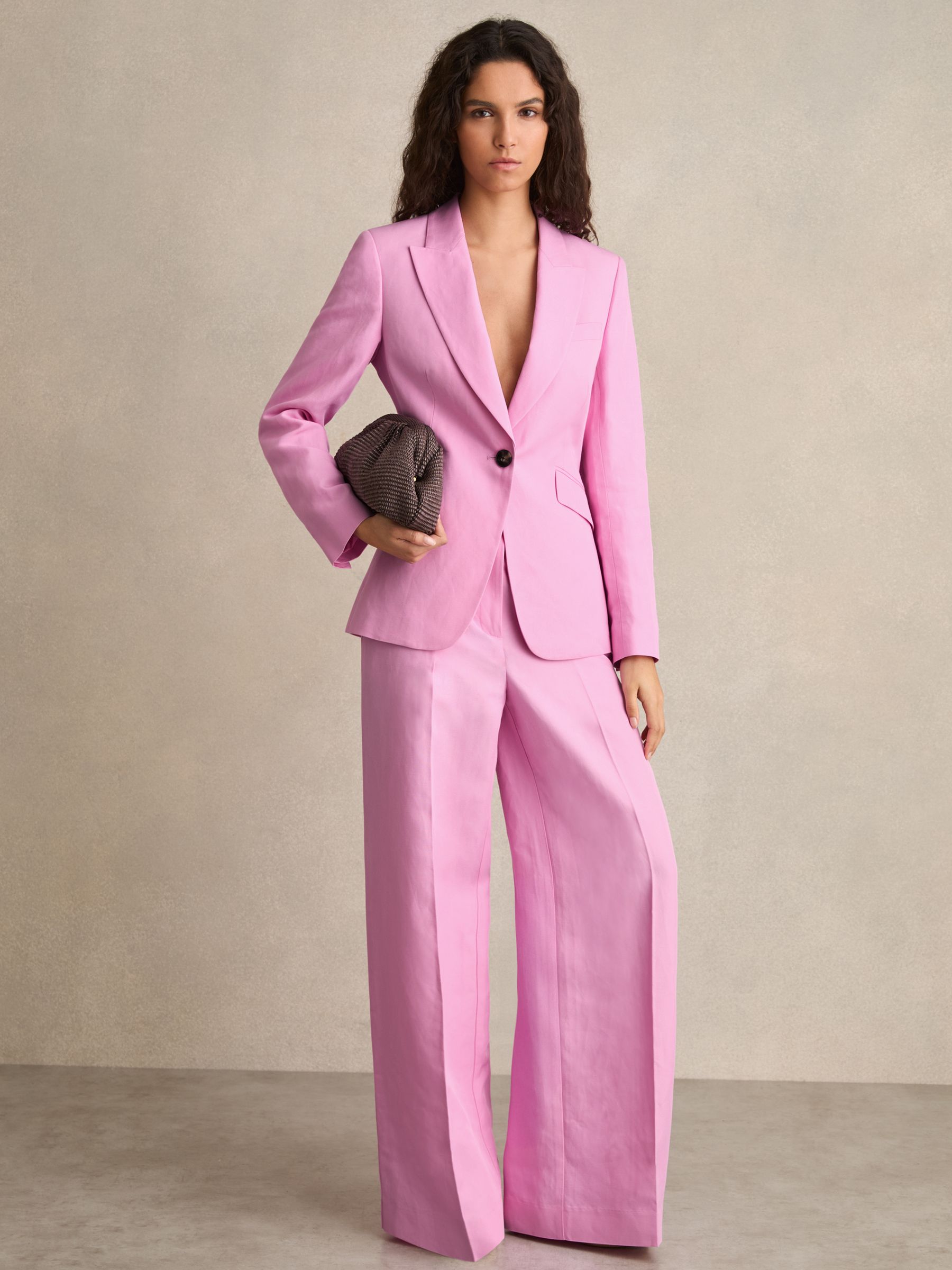 Petite Single Breasted Suit Jacket With Linen in Pink