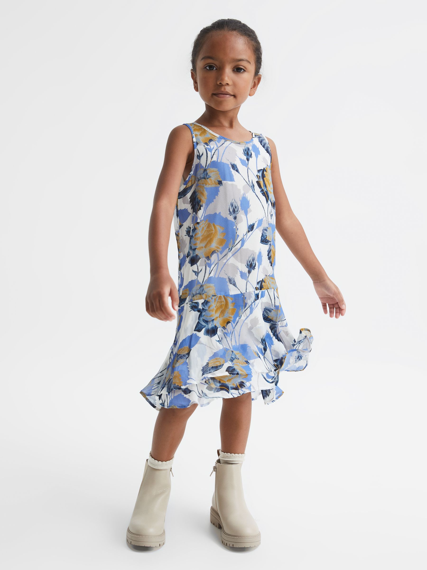 Senior Printed Dress With Crew Neck Jumper in Blue Print