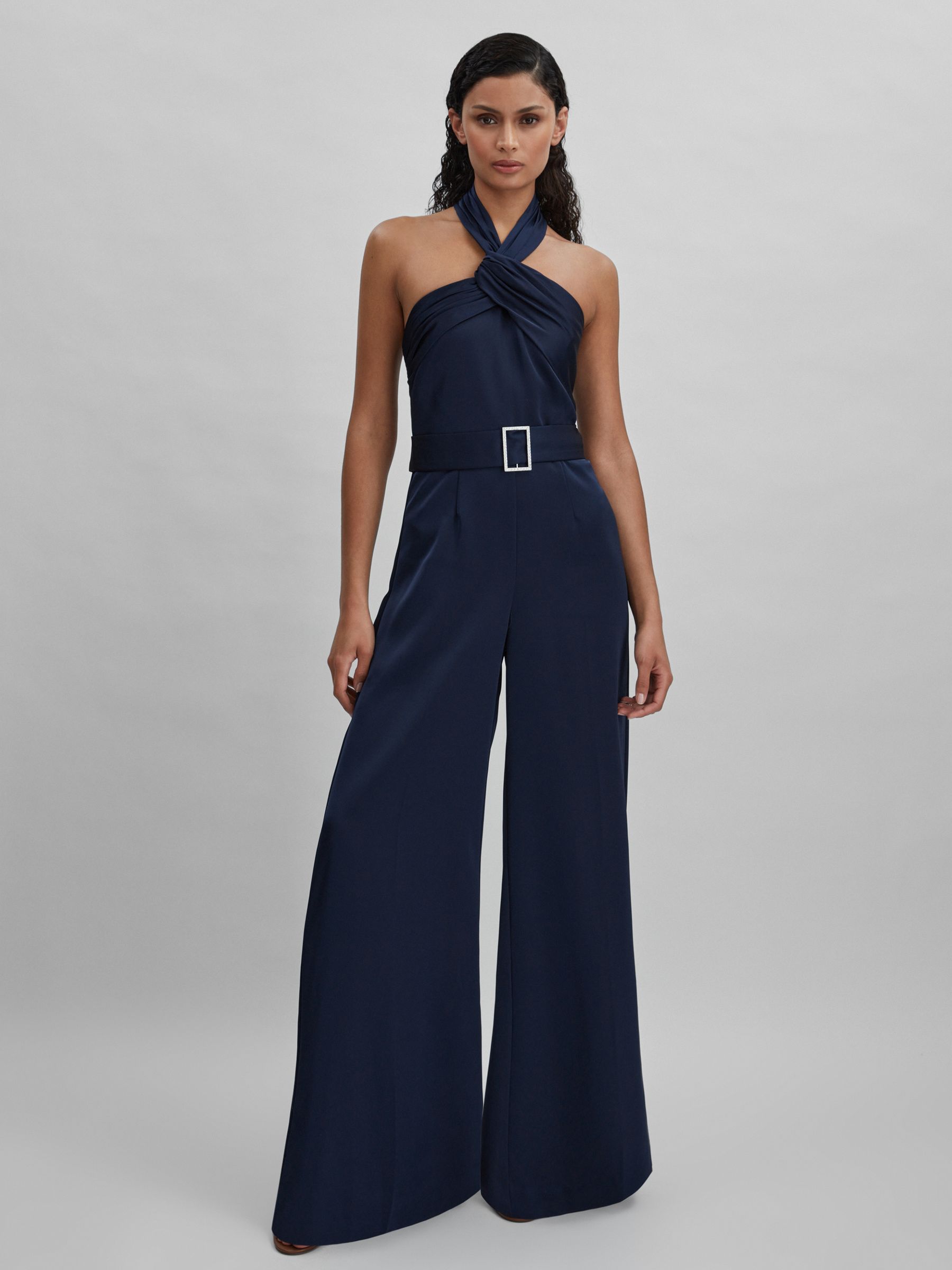 Halston Satin Halter Neck Jumpsuit in Black