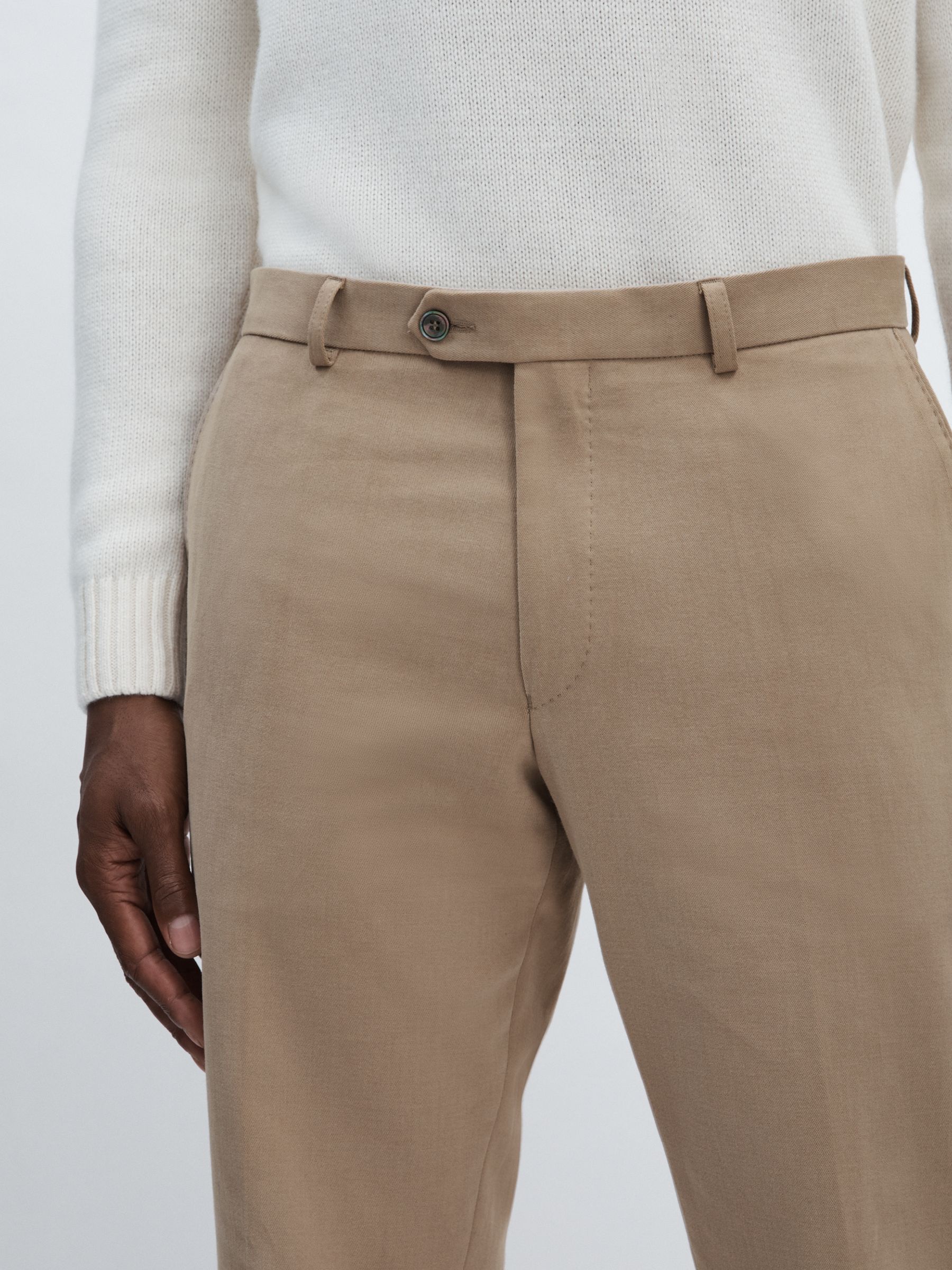 Oscar Jacobson Slim Fit 100% Cotton Turn-Up Trousers in Beige