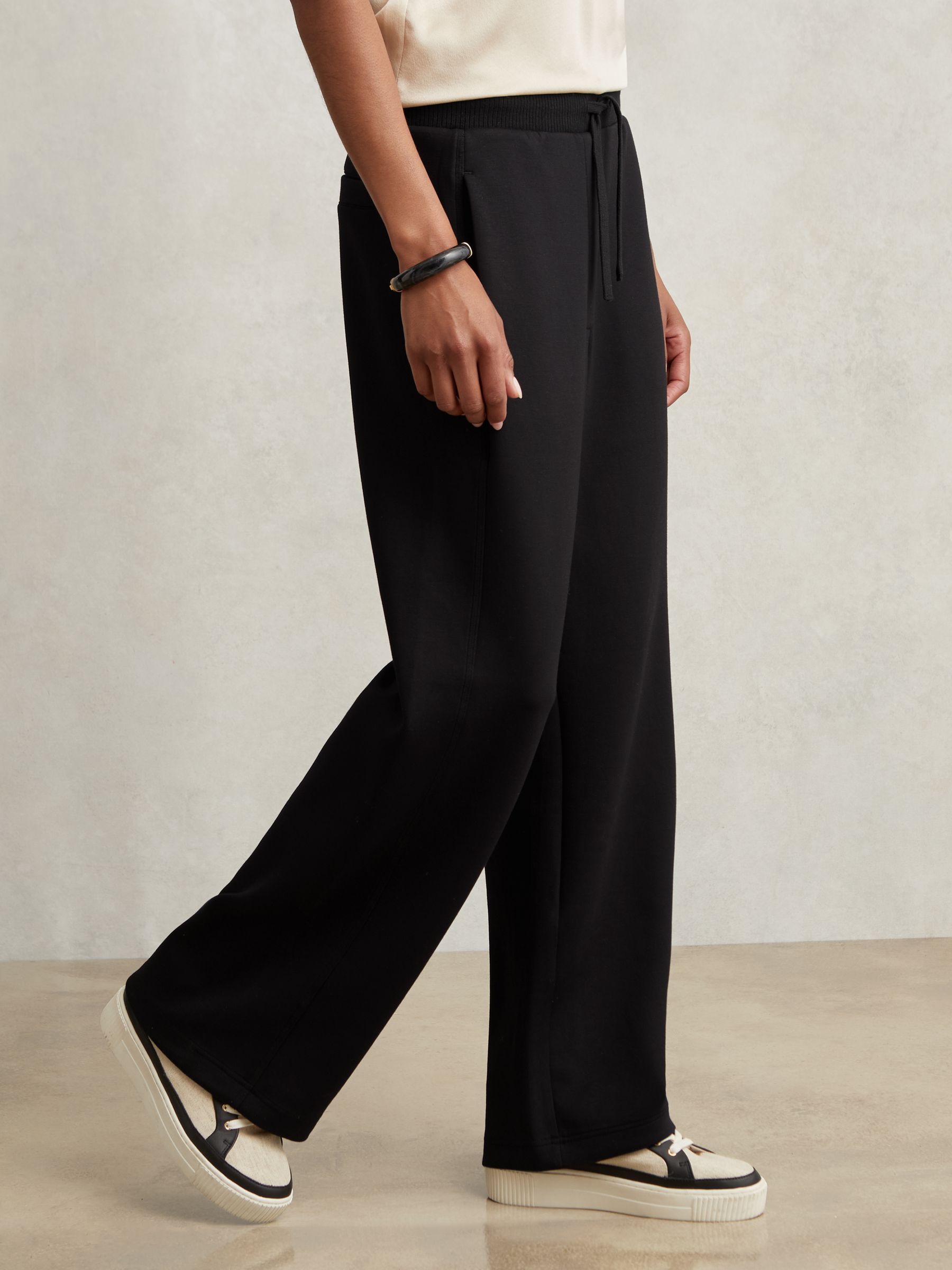 Wide-Leg Interlock Drawstring Joggers in Black