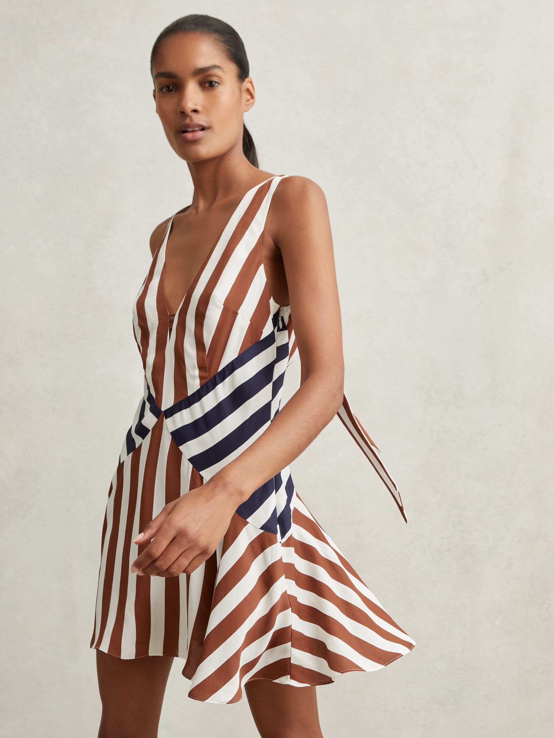 Stripe-Print Sleeveless Mini Dress in Brown/Navy