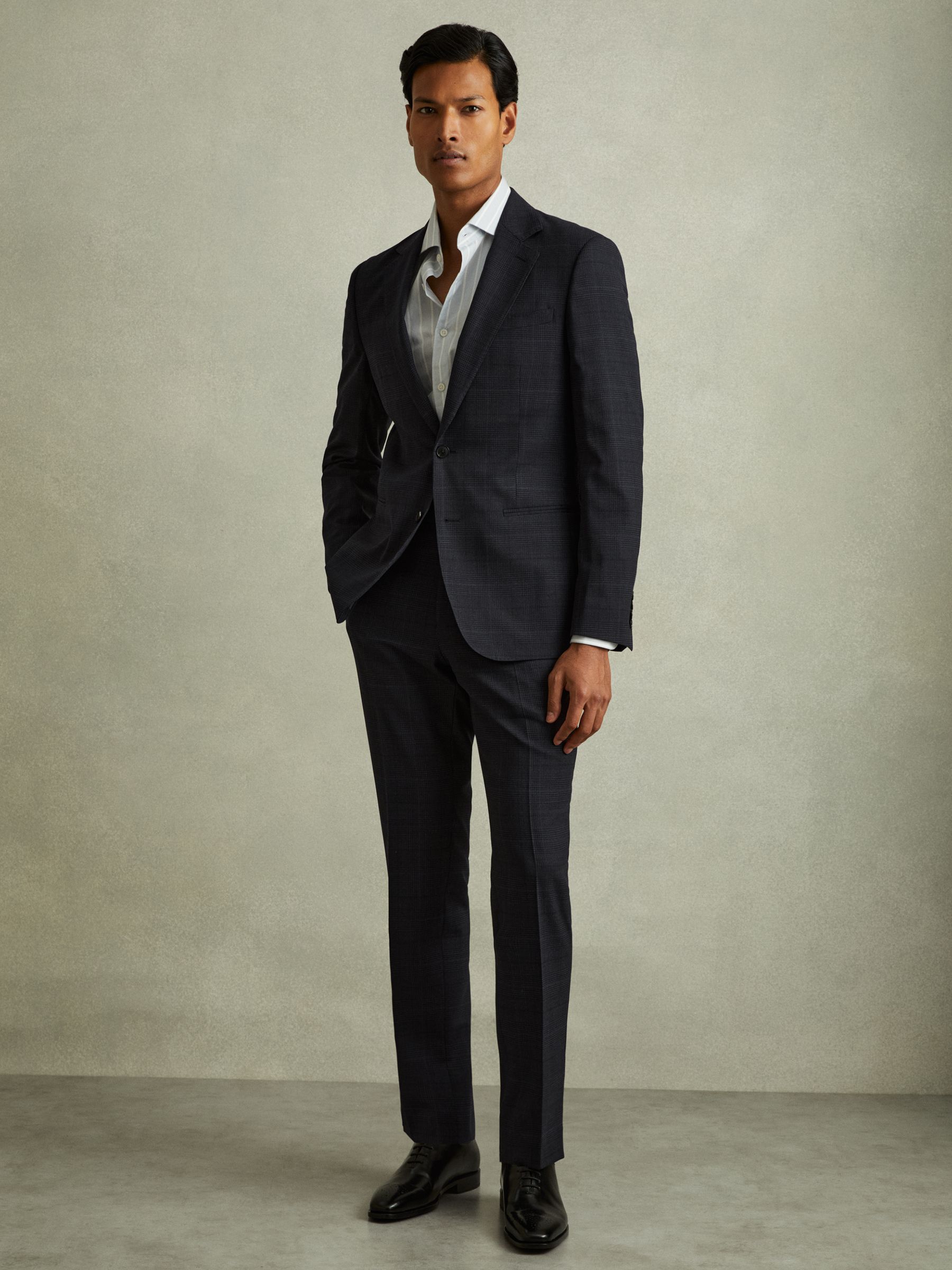 Wool Blend Suit Trousers in Prince of Wales Check in Navy