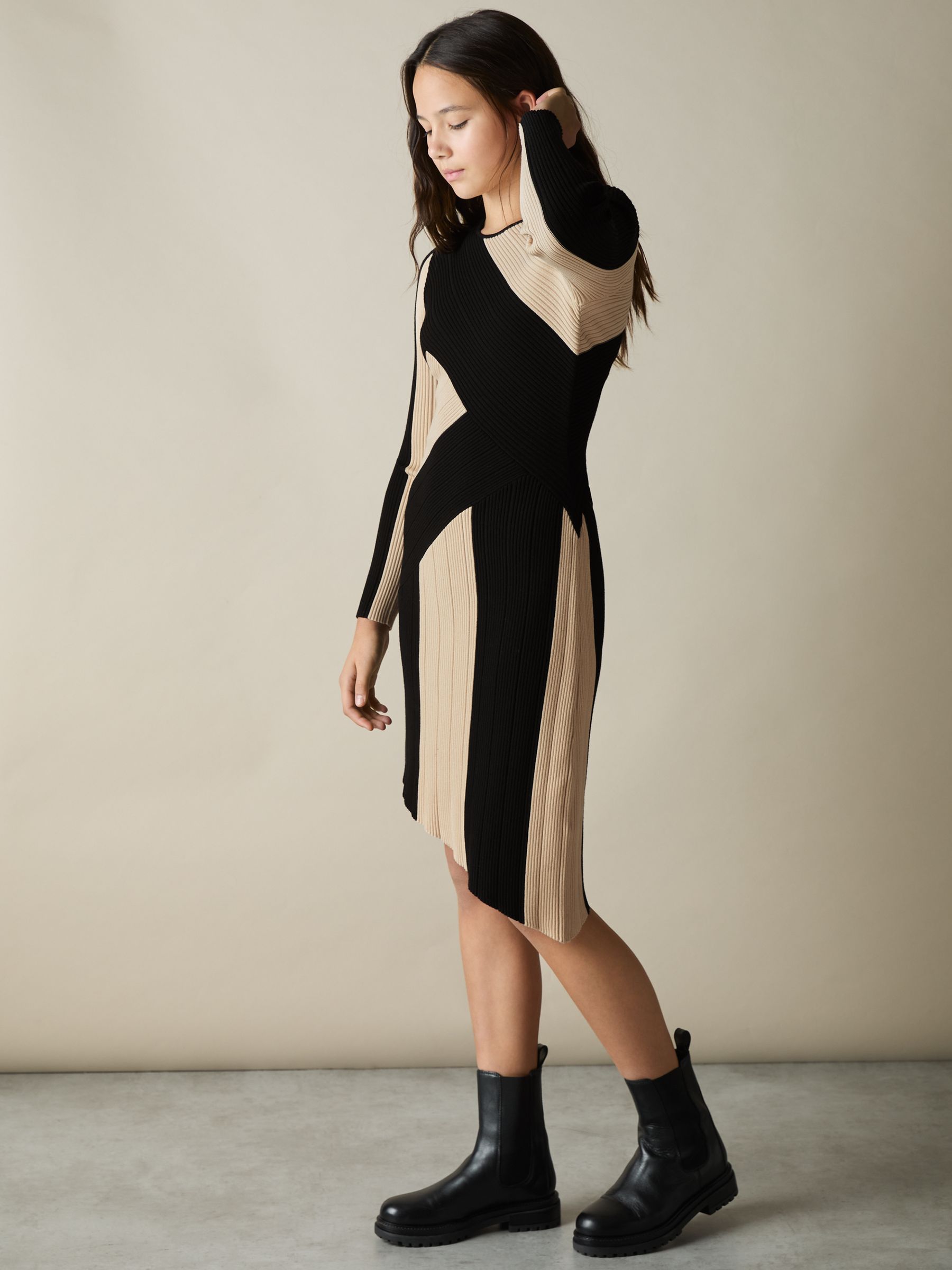 9-13 yrs Knitted Colourblock Asymmetric Dress in Black/Ecru