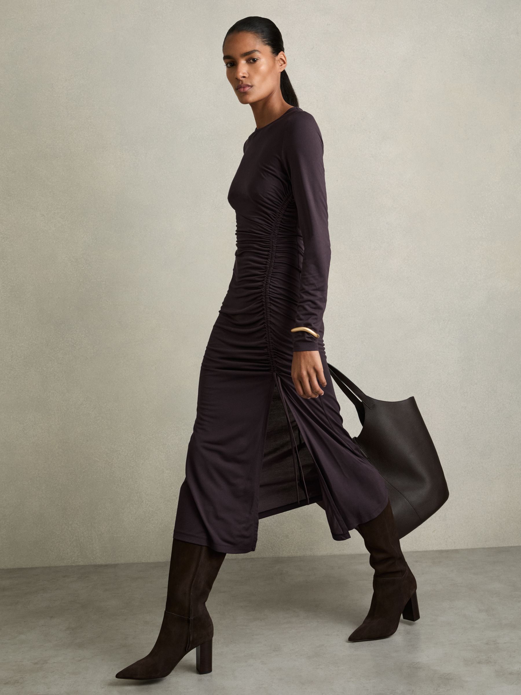 Jersey Ruched Midi Dress in Burgundy