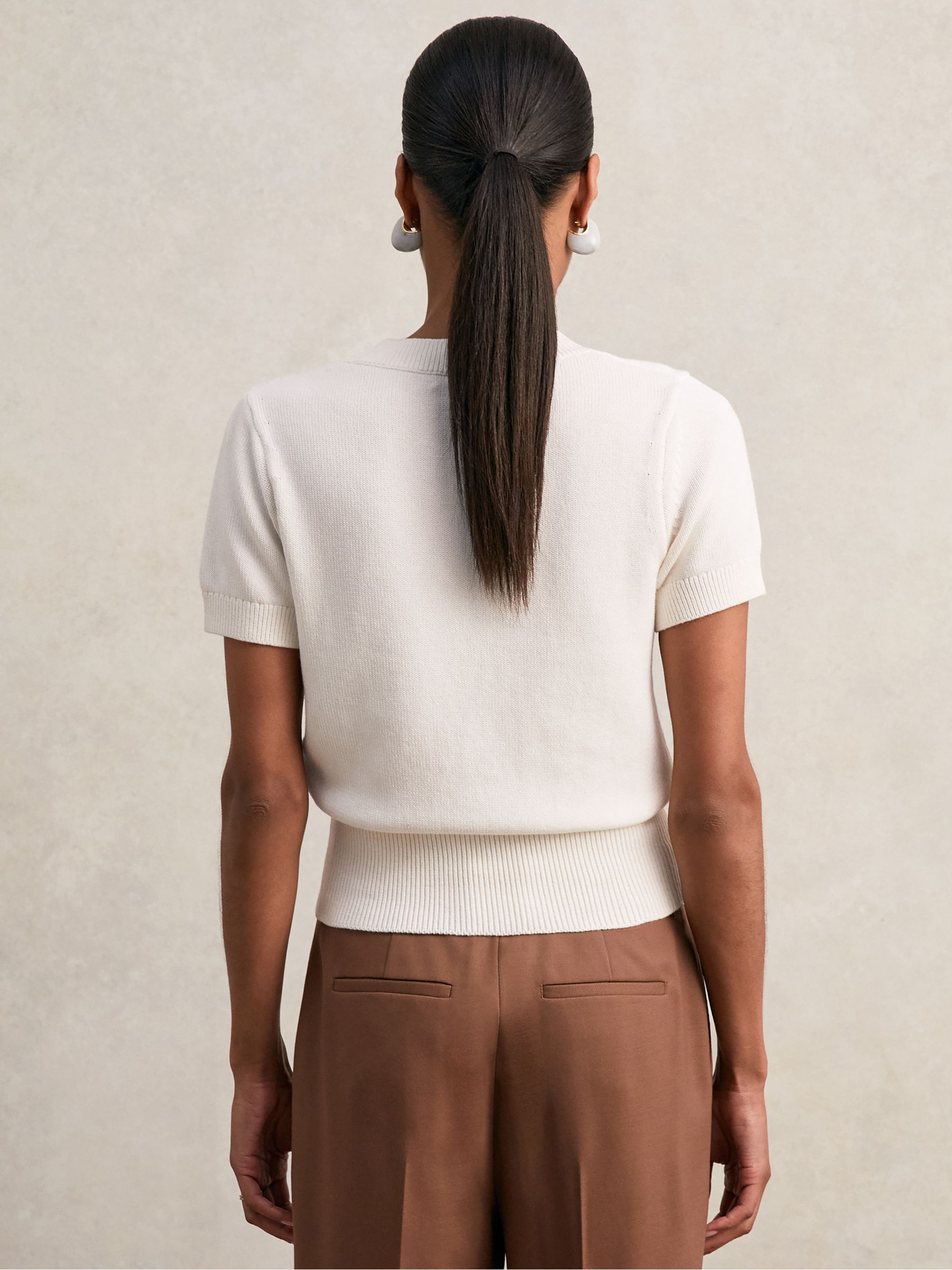 Cotton-Wool Knit V-Neck Top in Ivory