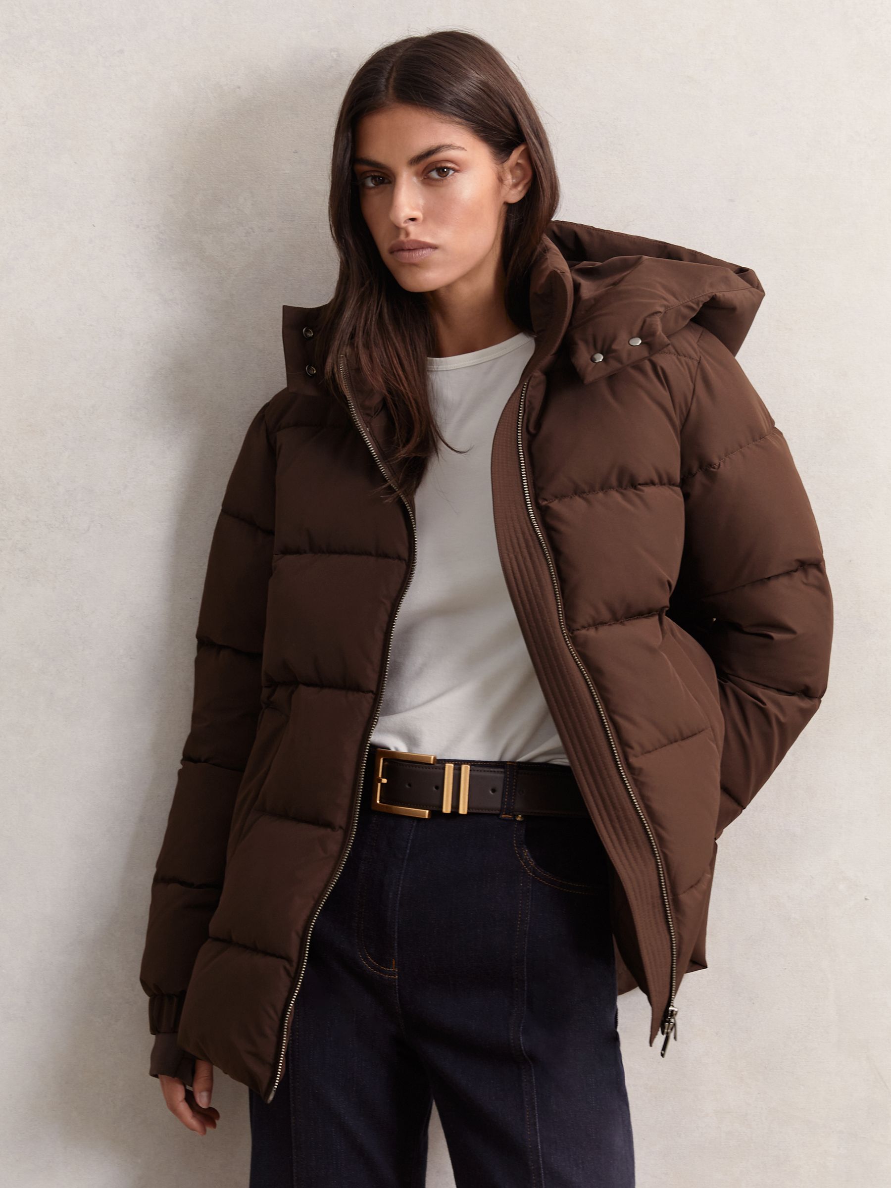 Short Hooded Puffer Coat in Chocolate Brown