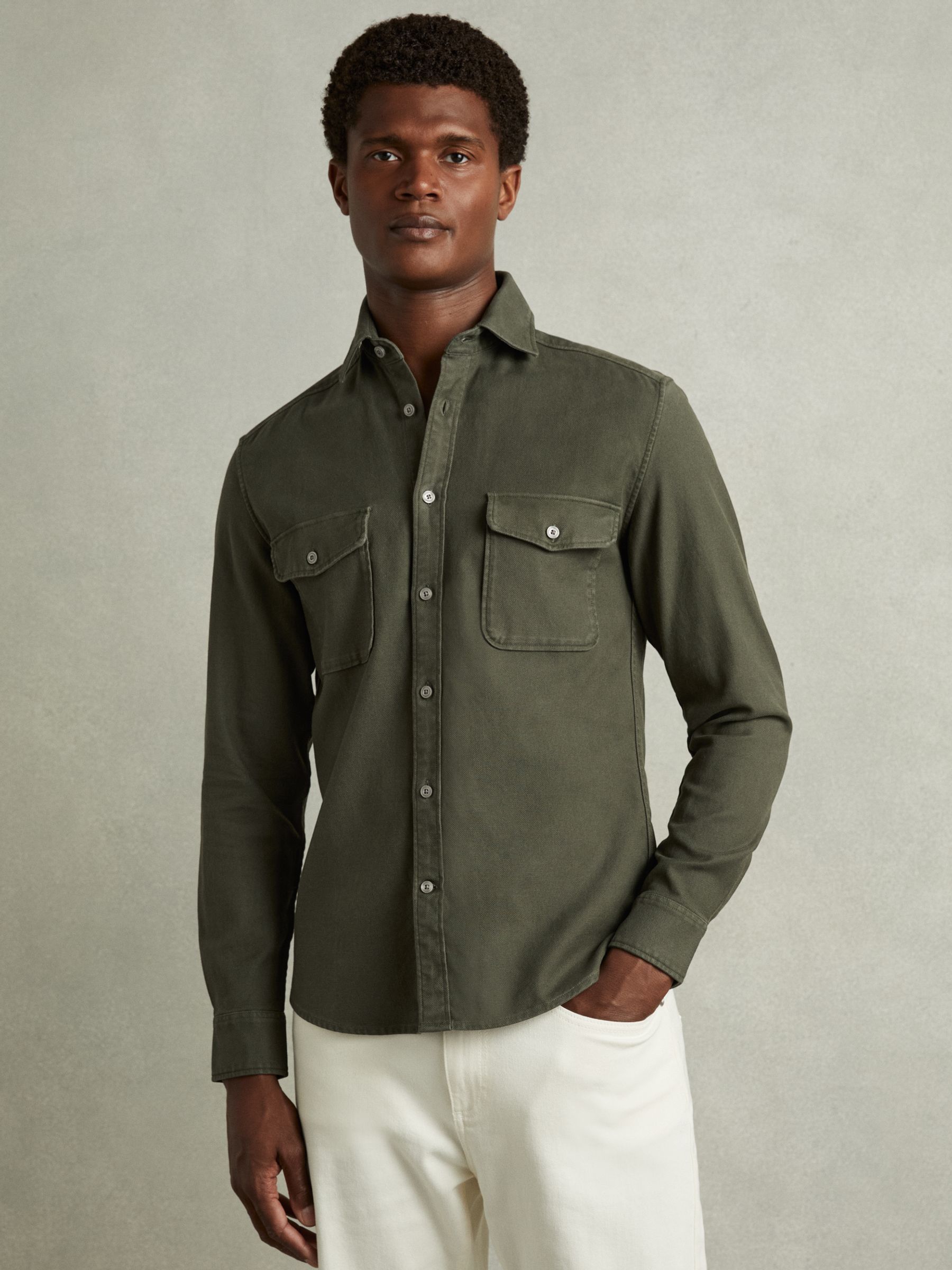 Cotton Blend Canvas Overshirt in Khaki Green