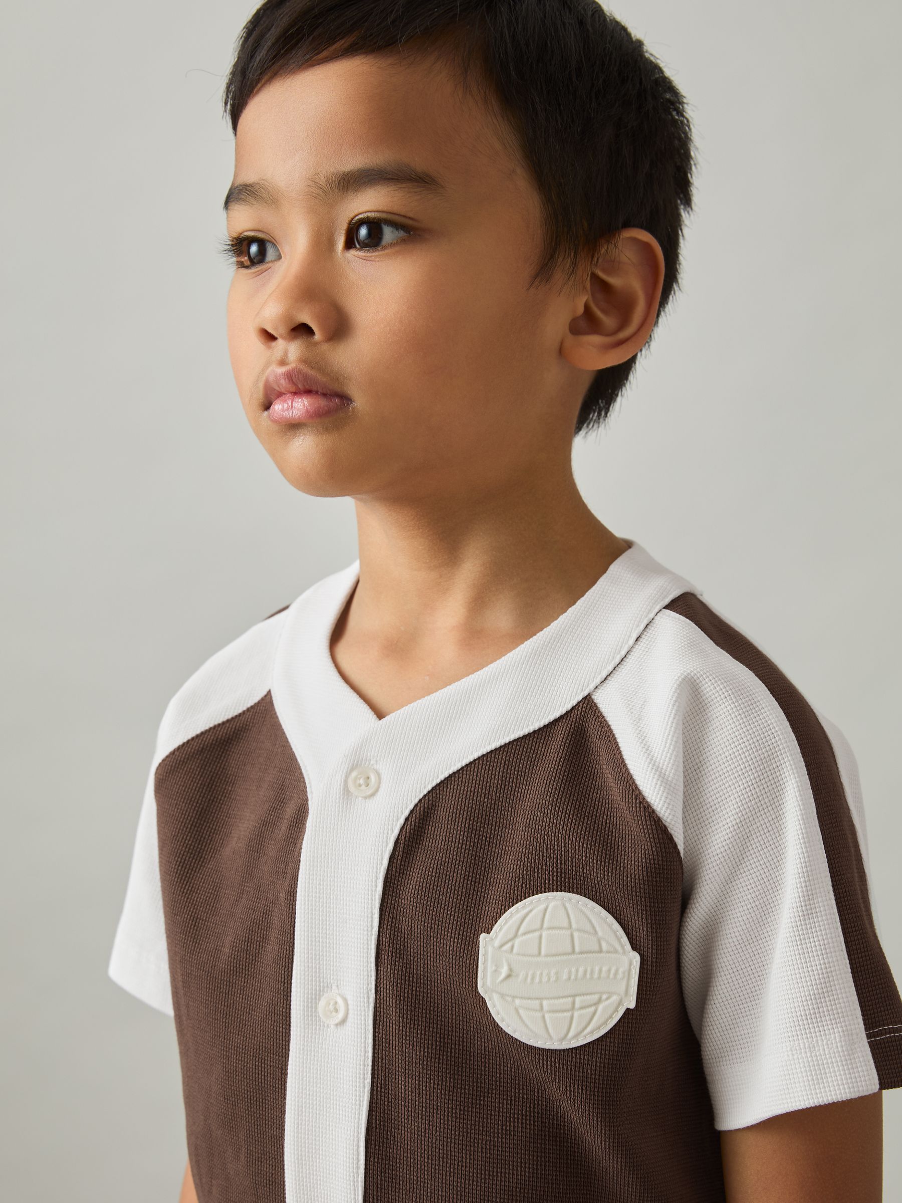 3-9 yrs Cotton Waffle-Knit Badge Shirt in Chocolate Brown / Off White