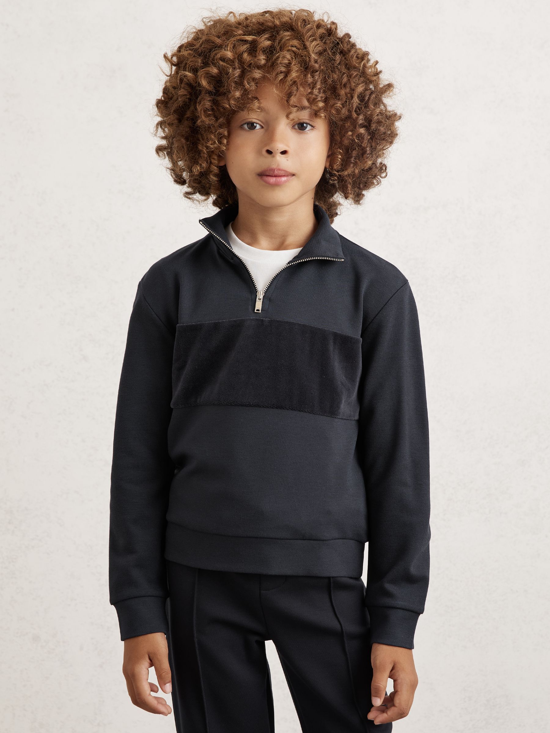 9-13 yrs Slim Fit Half-Zip Funnel Neck Velour Sweatshirt in Navy Blue