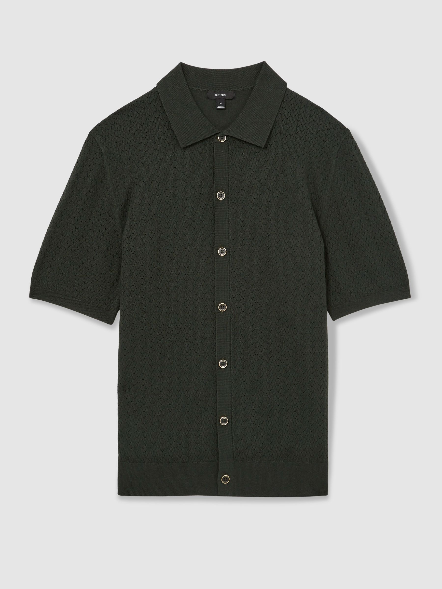 Textured Knit Button-Through Shirt in Dark Green