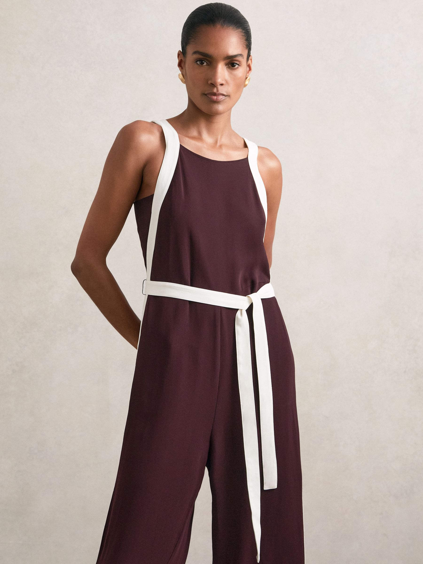 Colourblock Wide Leg Belted Jumpsuit in Burgundy/Cream
