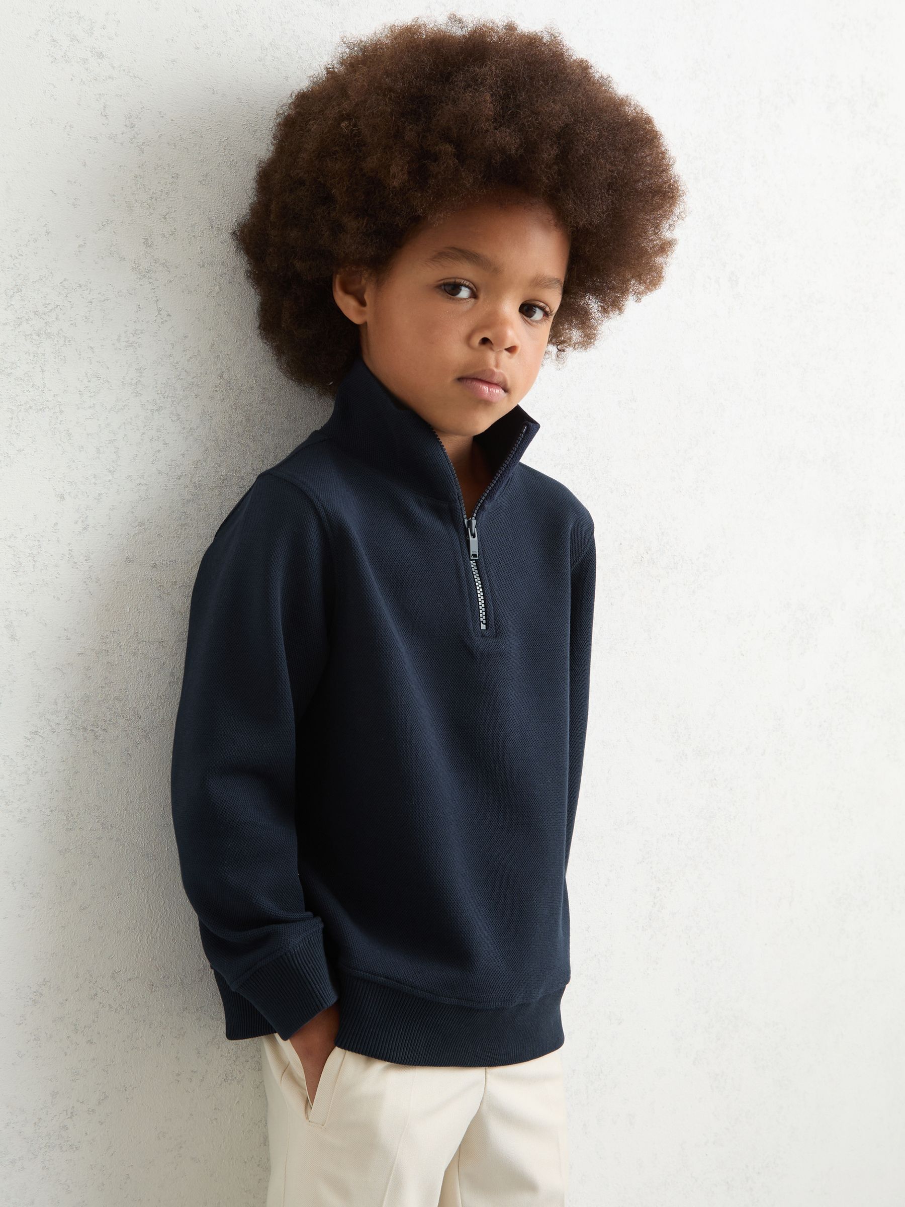 13-14 yrs Textured Half-Zip Sweatshirt with Cotton in Navy