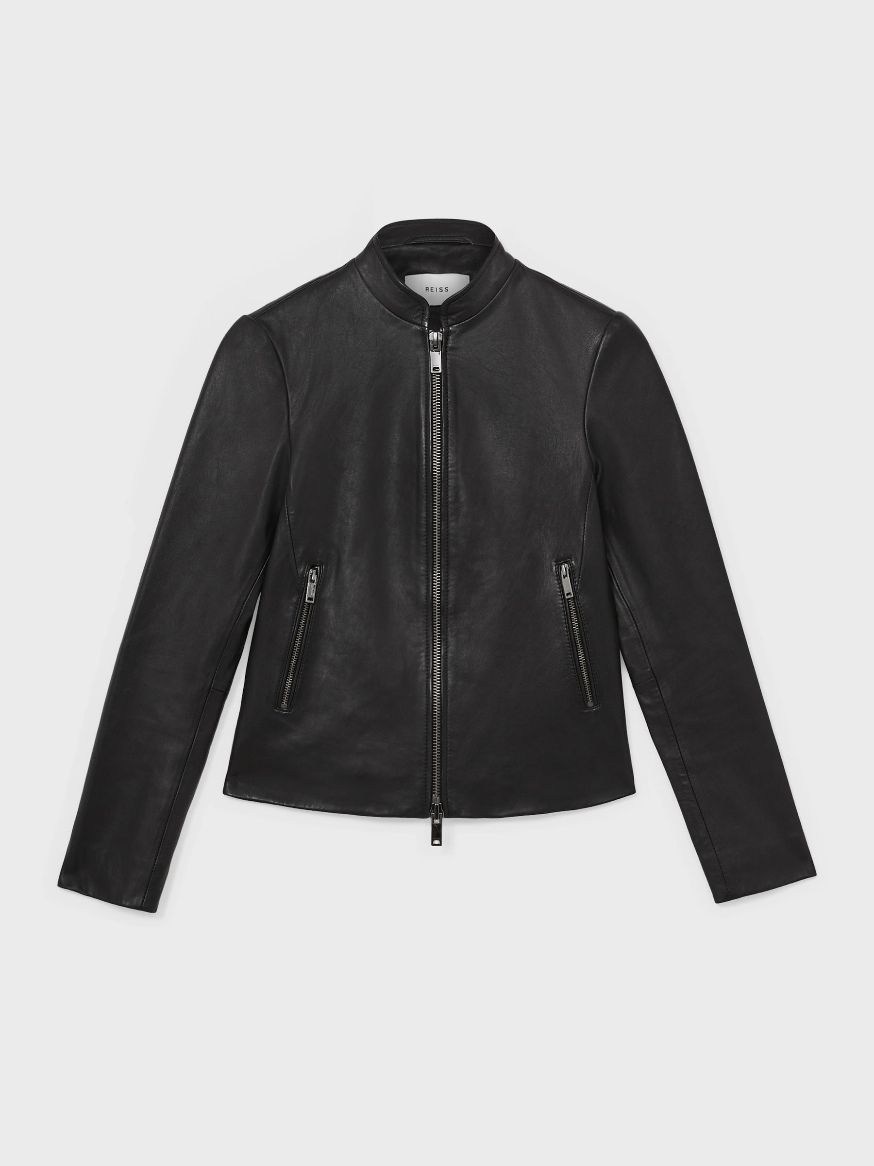 Leather Collarless Biker Jacket in Black