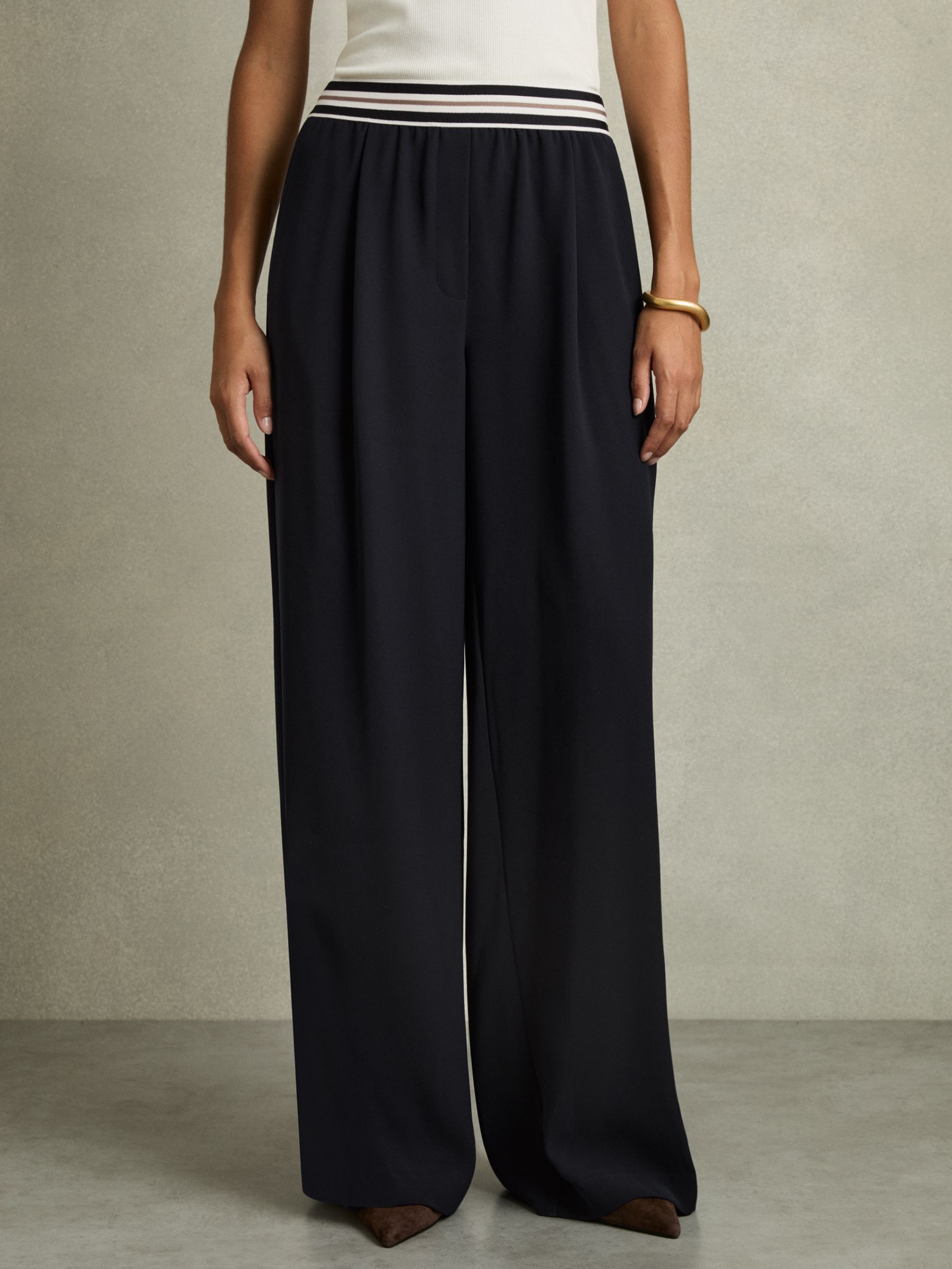 Petite Stripe-Waistband Wide-Leg Trousers in Navy