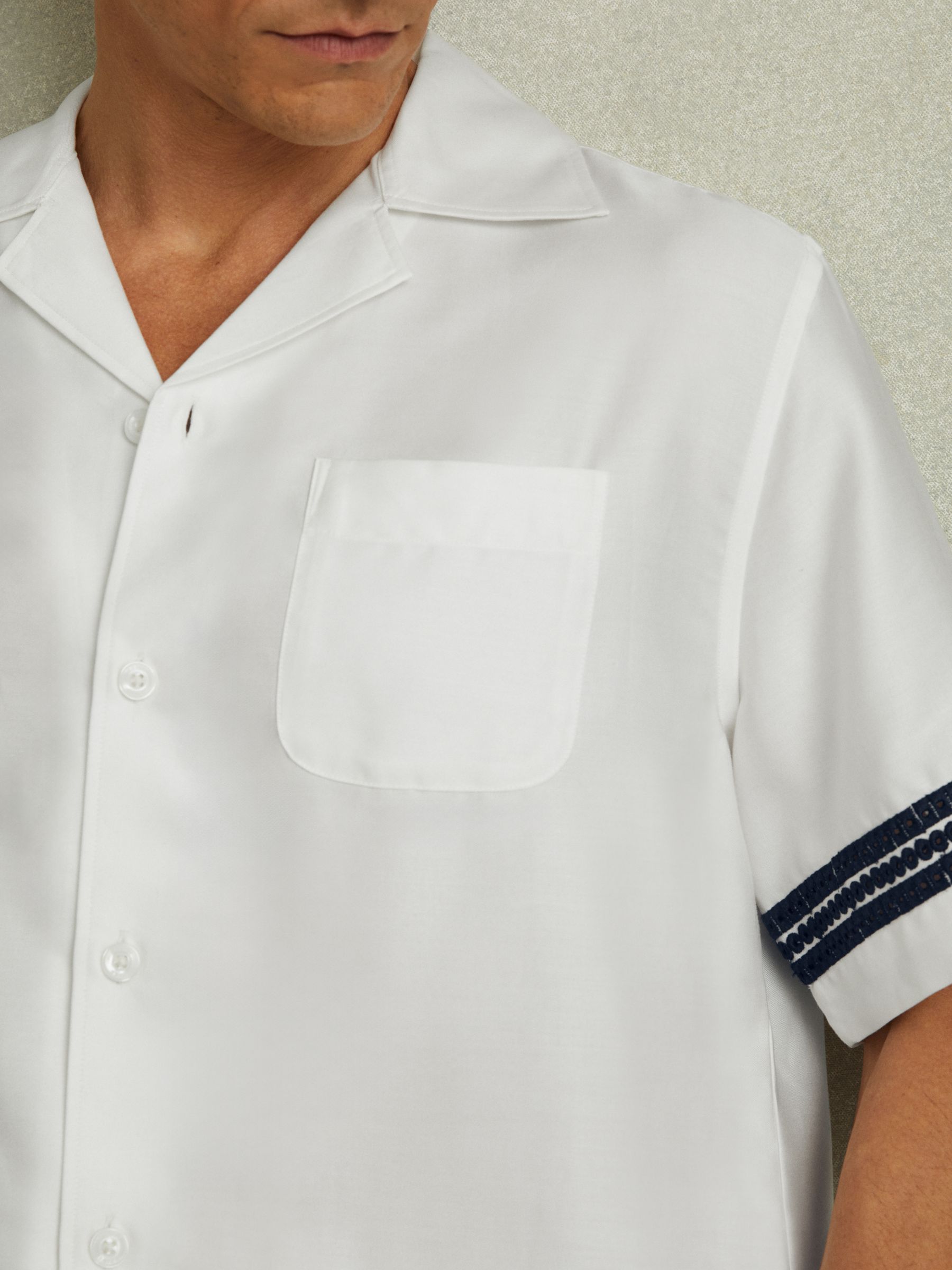 Relaxed Embroidered Trim Cuban Collar Shirt in White/Navy