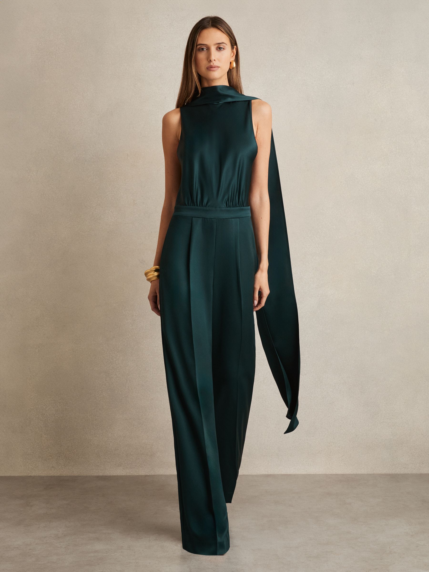 Satin Cape-Sash Jumpsuit in Teal Green