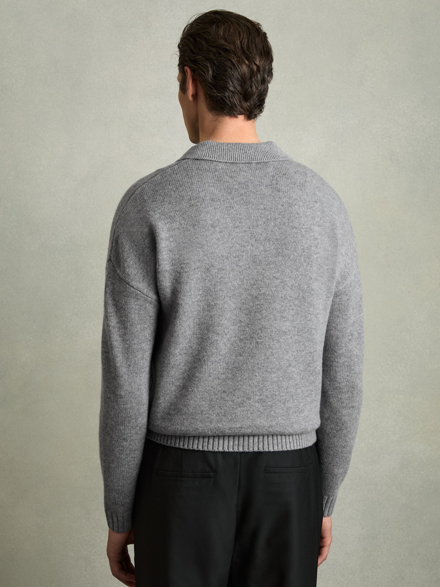 Wool Blend Long Sleeve Polo Shirt in Grey Melange