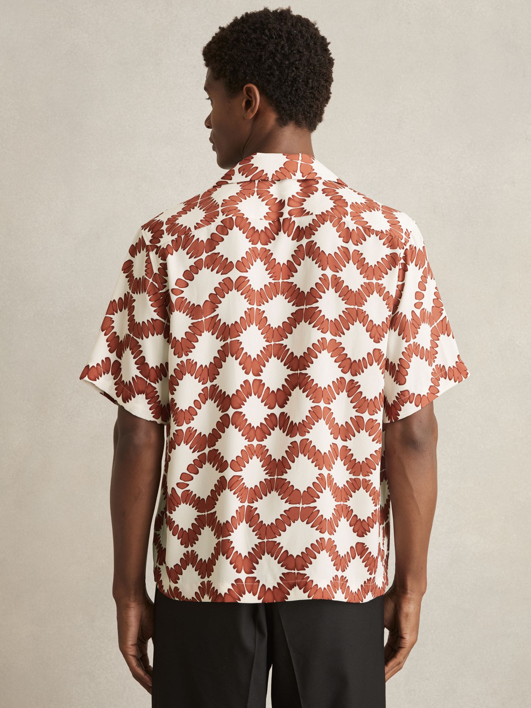 Abstract Floral Print Cuban Shirt in Off White/Rust