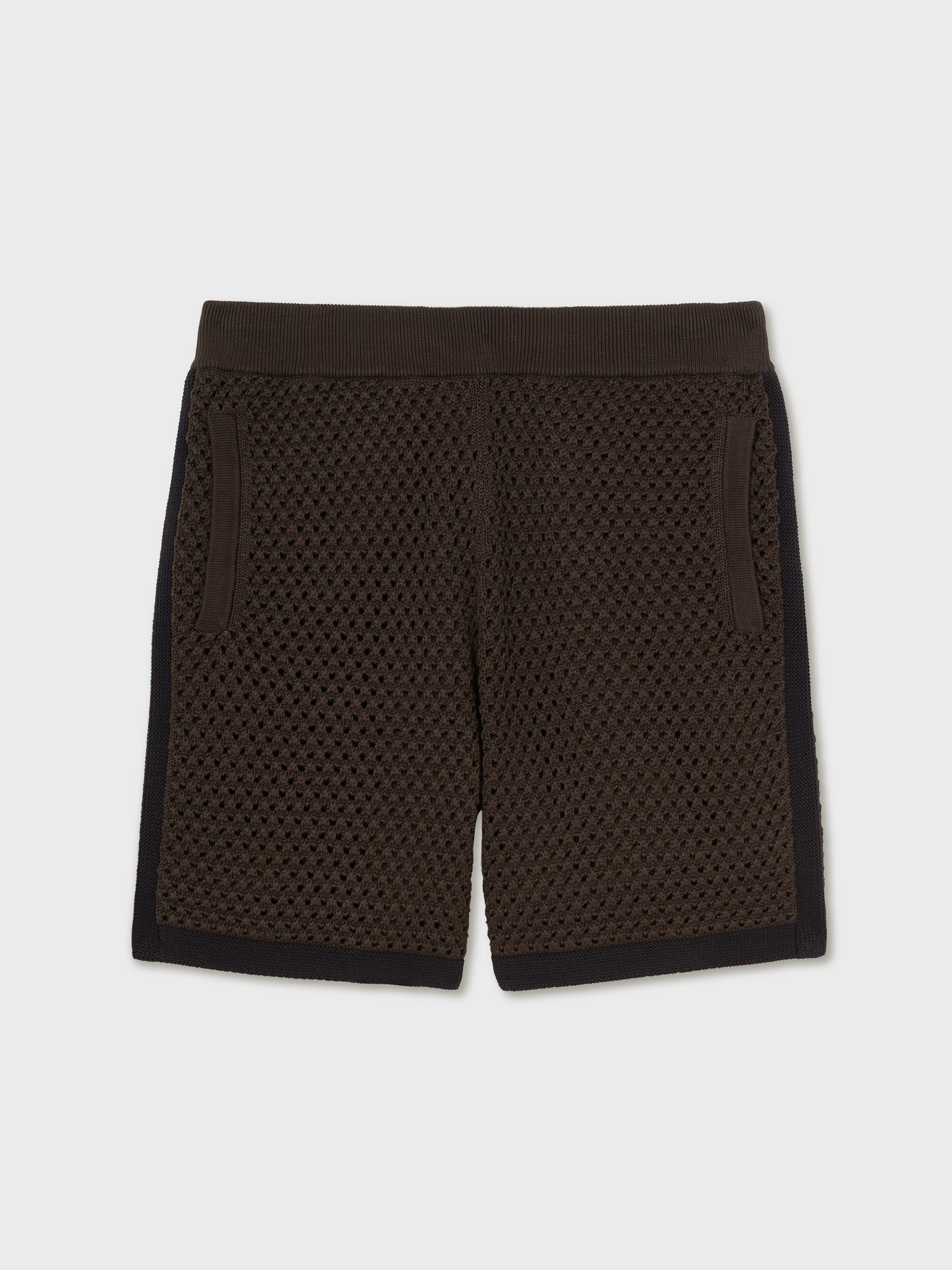 Cotton-Blend Crochet Shorts in Chocolate/Navy