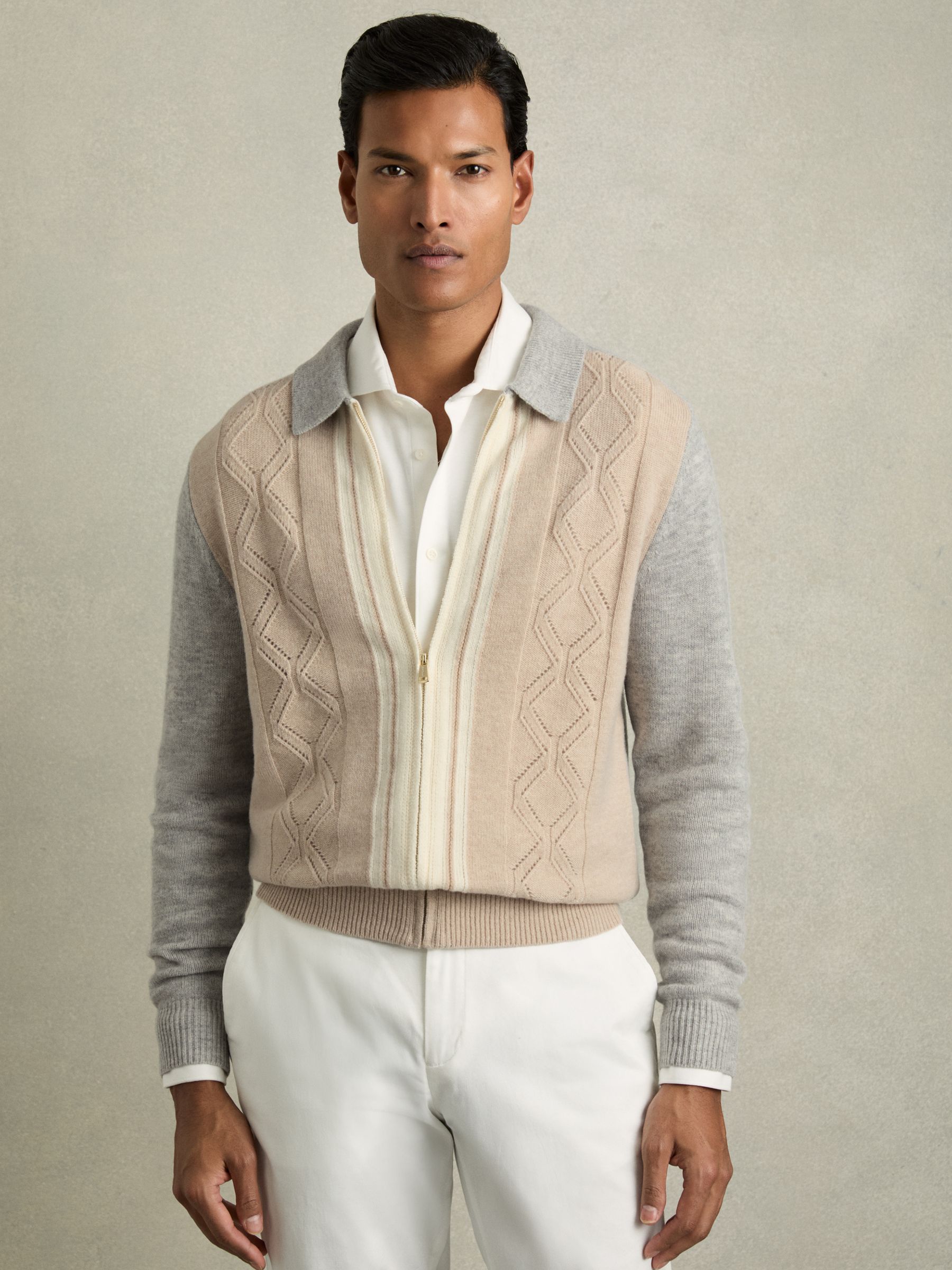 Wool Colour-Block Zip-Through Cardigan in Oatmeal/White