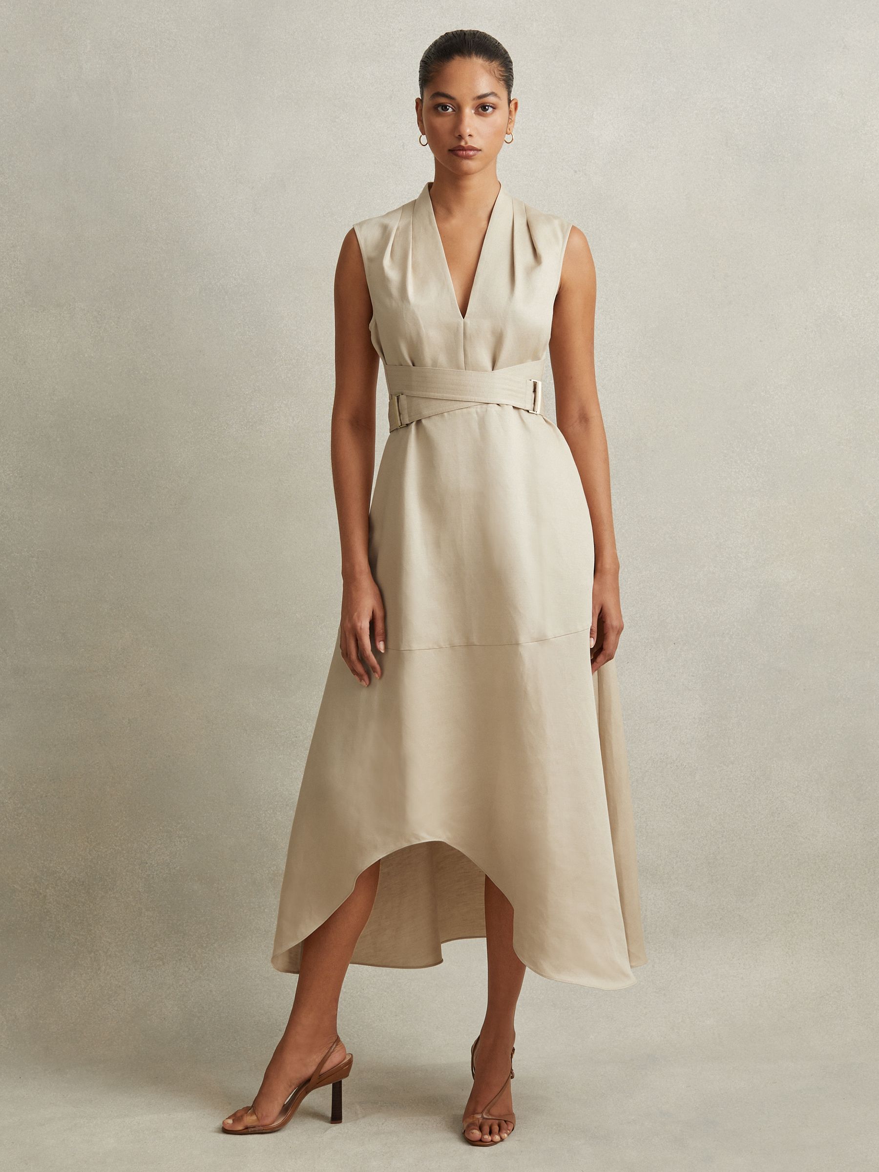 Linen Lyocell Strappy Midi Dress in Neutral