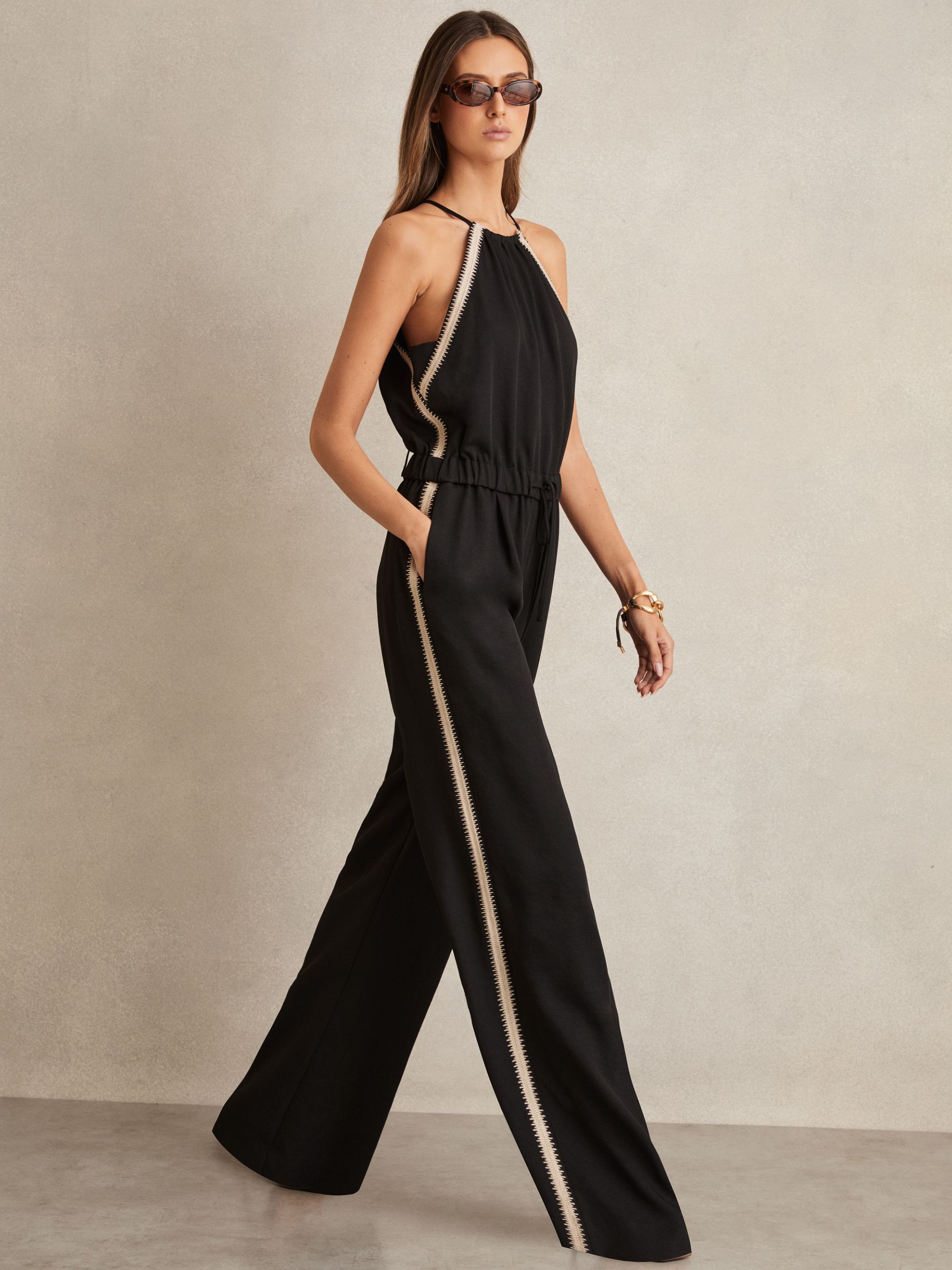 Petite Halterneck Craft Stitch Jumpsuit in Black