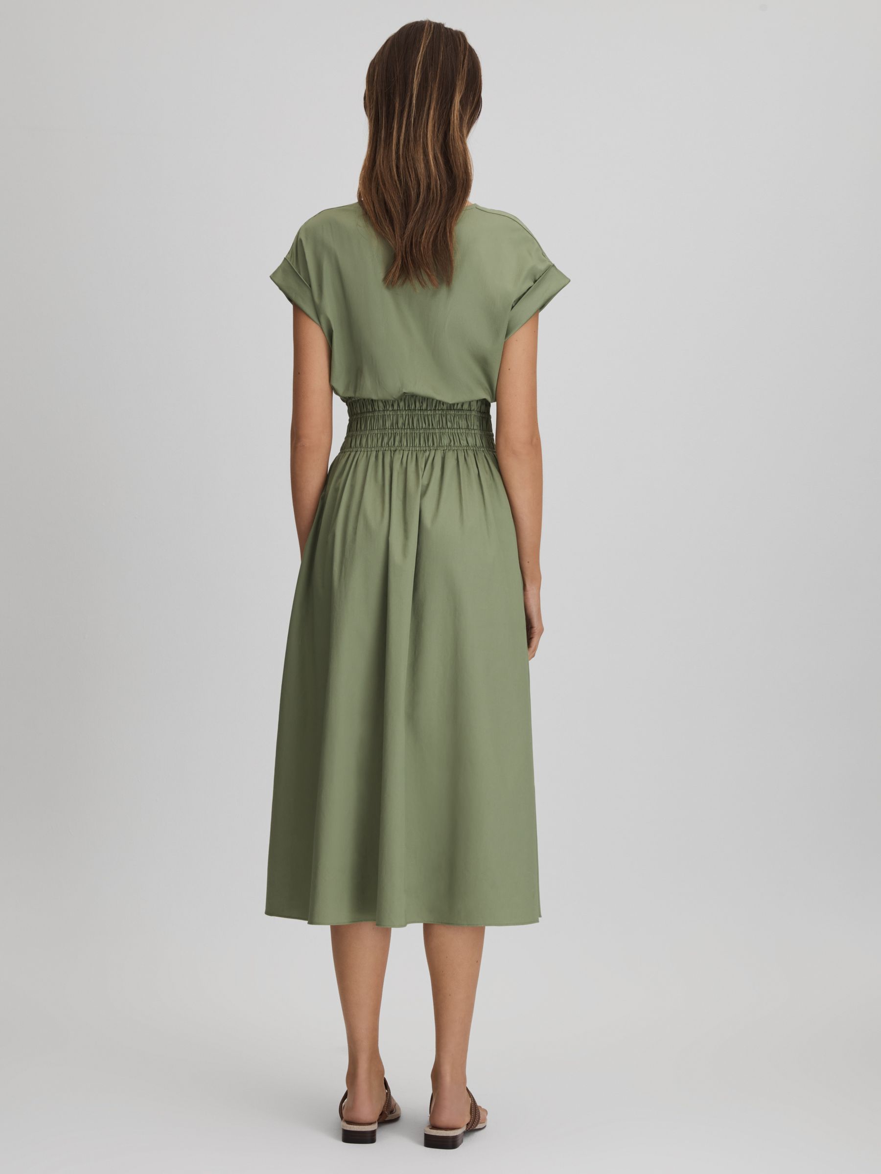 Cotton Ruched Waist Midi Dress in Green