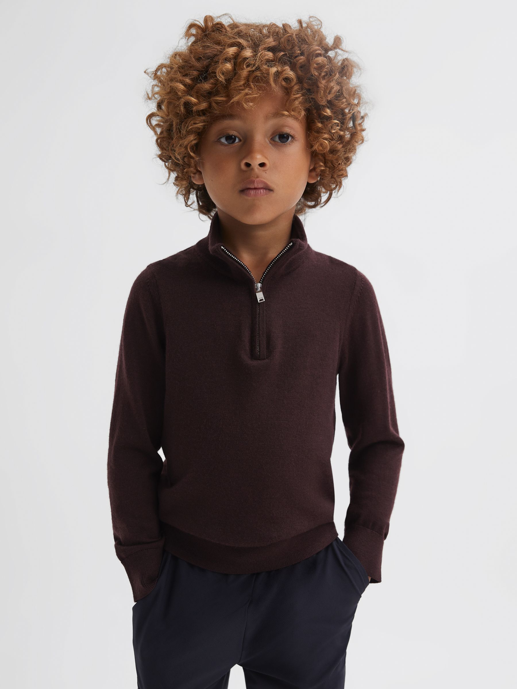 3-9 yrs Merino Wool Zip-Neck Jumper in Bordeaux