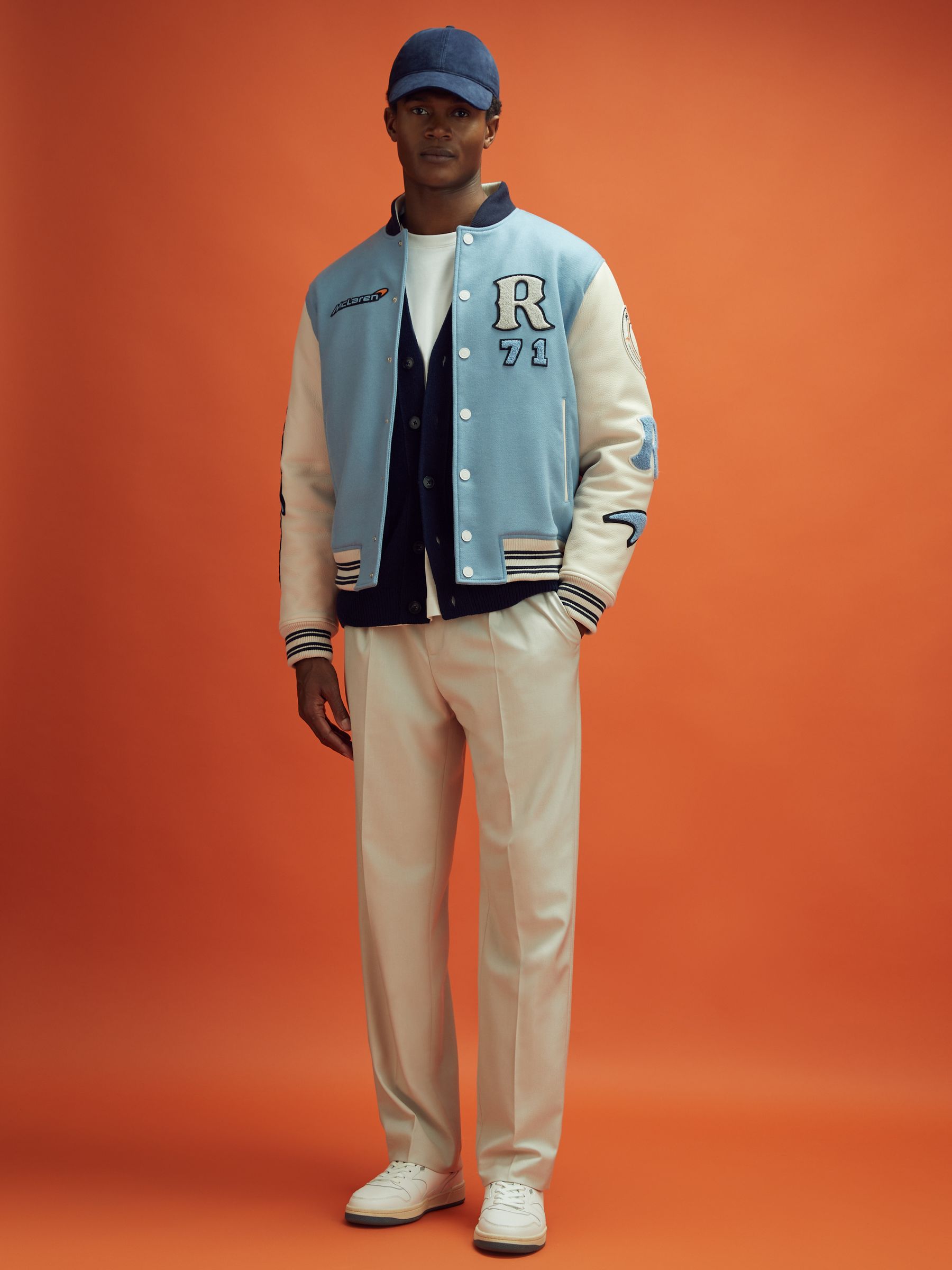 Leather Varsity Jacket in Soft Blue/Ecru