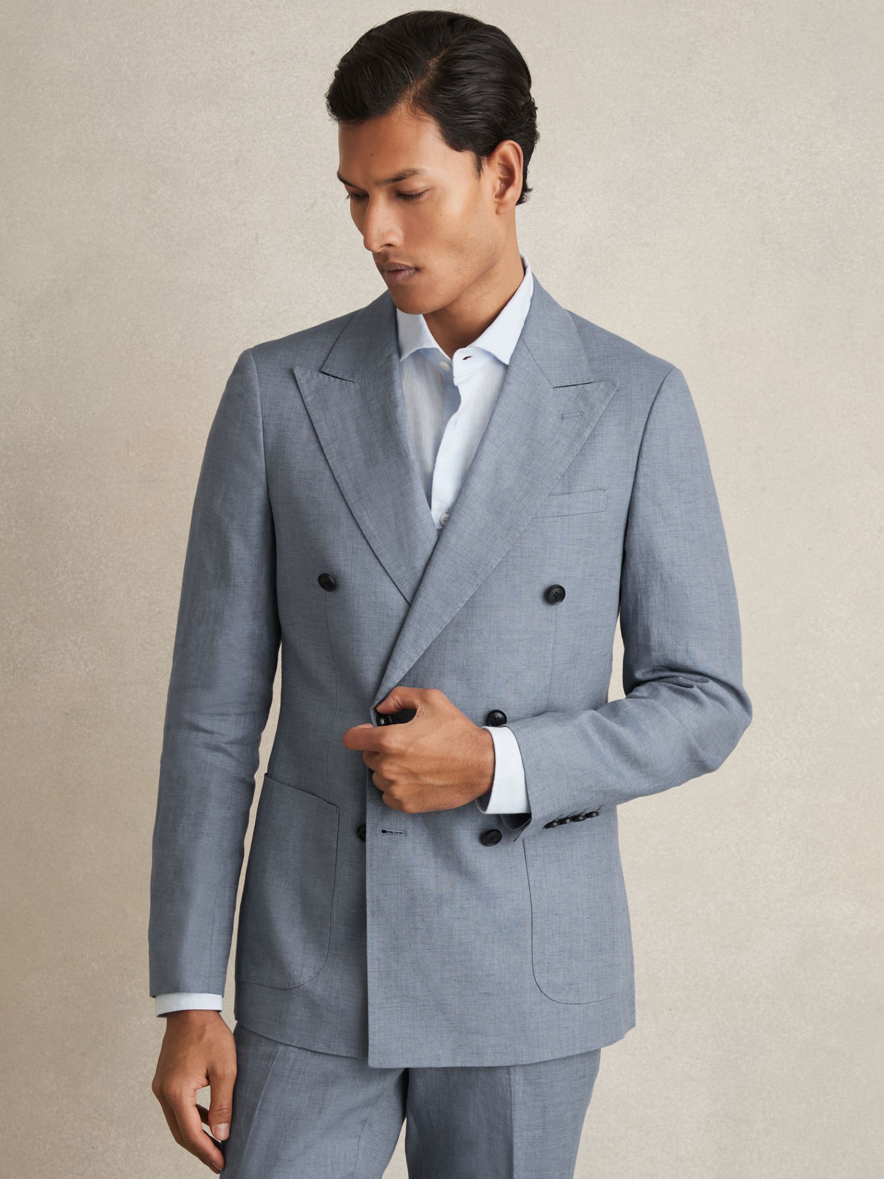 Slim-Fit Linen Double-Breasted Suit Blazer in Airforce Blue