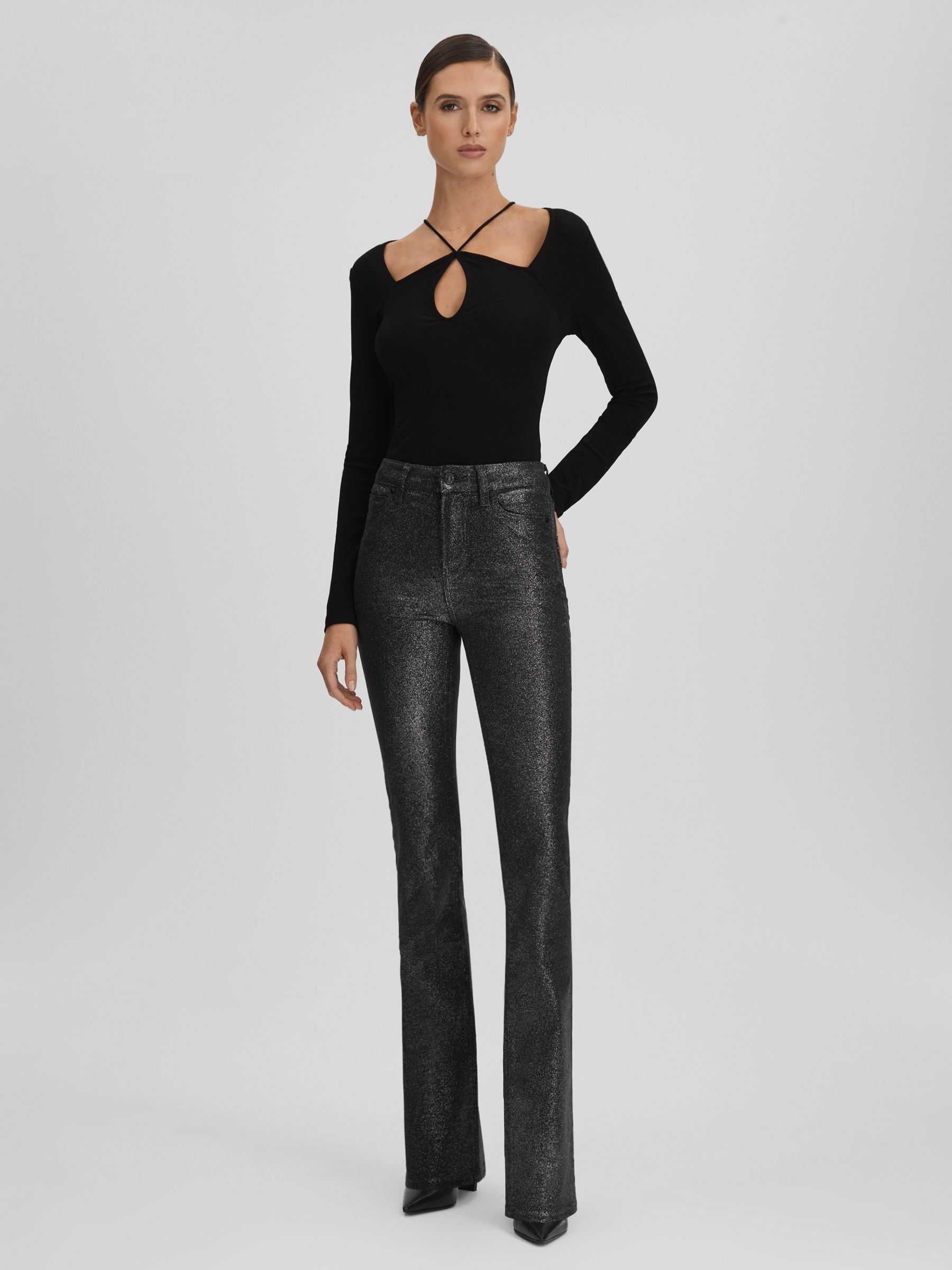 Paige High Rise Sparkly Trousers in Black/Silver