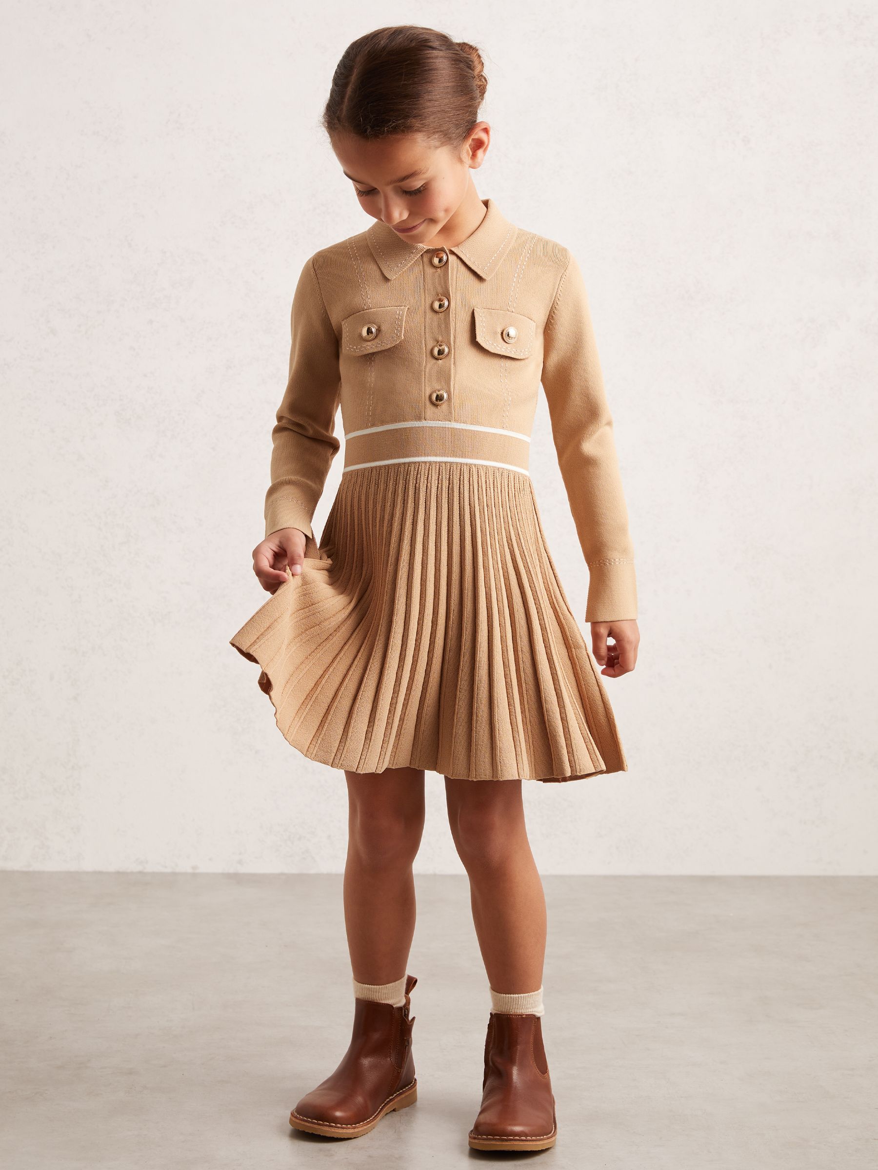 13-14 yrs Button-Detail Stripe Knitted Dress in Camel