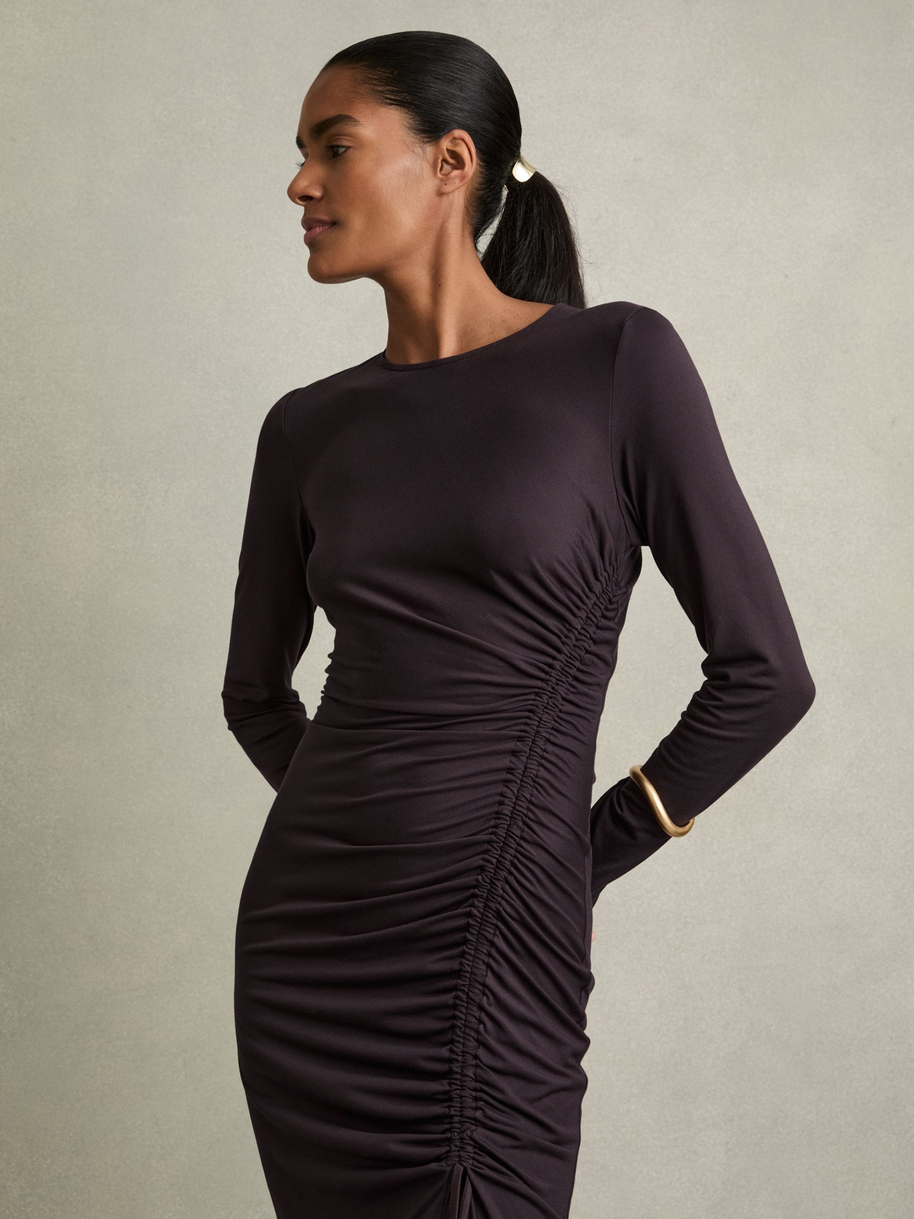 Jersey Ruched Midi Dress in Burgundy