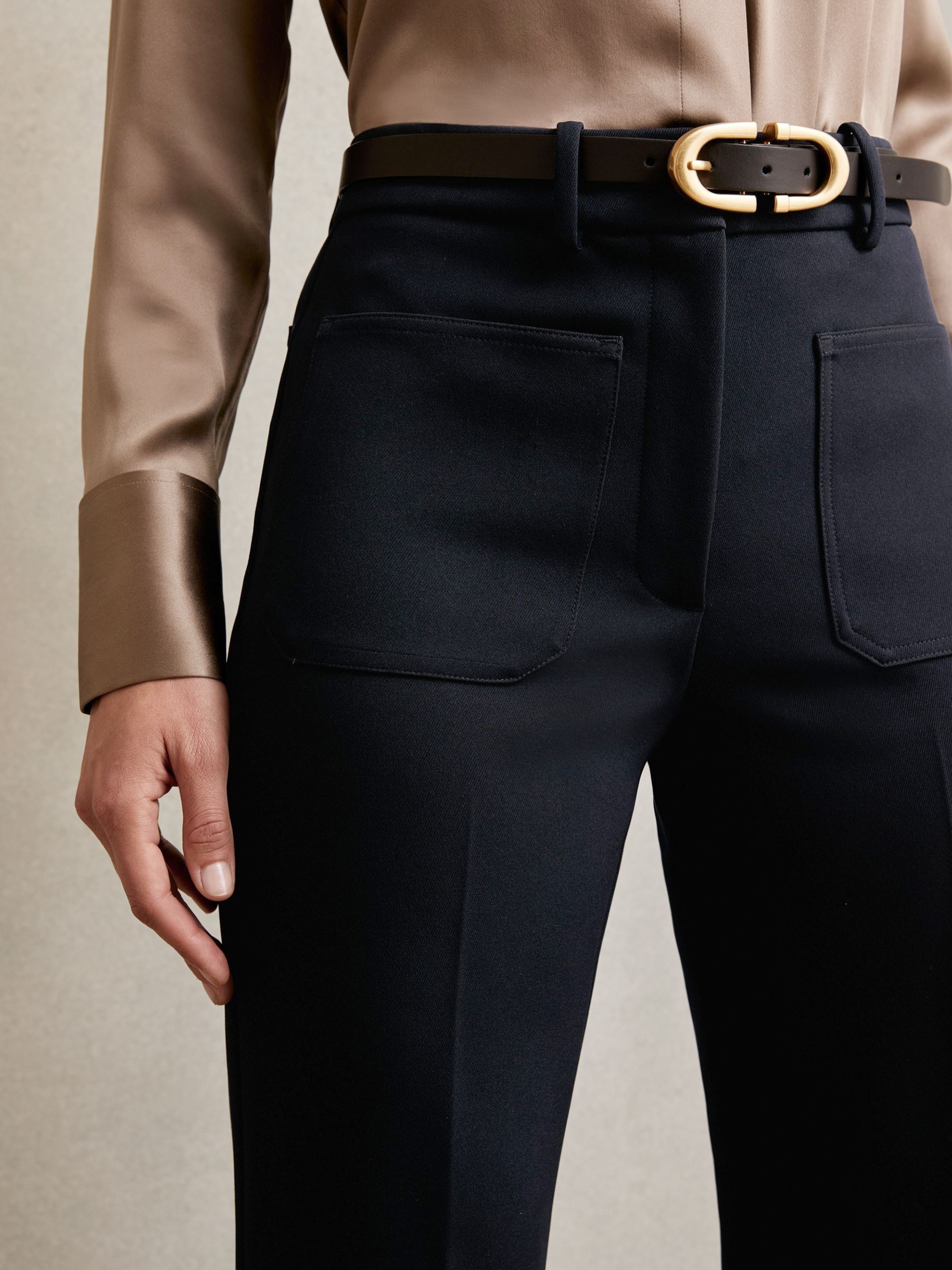 Petite Twill Patch-Pocket Flared Trousers in Navy