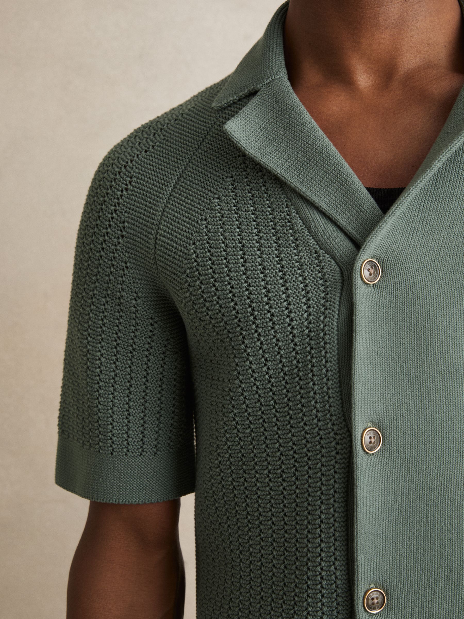 Cotton Textured-Knit Cuban-Collar Shirt in Pine Green