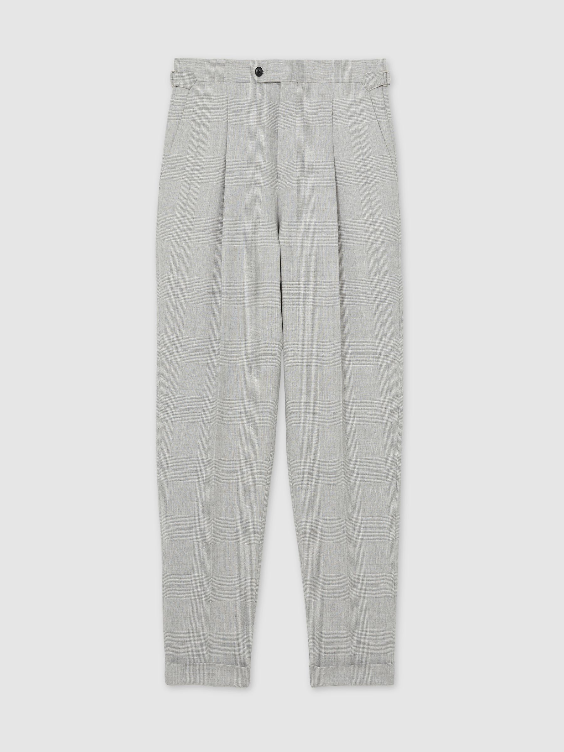 Wool-Linen Check Tapered Trousers in Soft Grey Melange