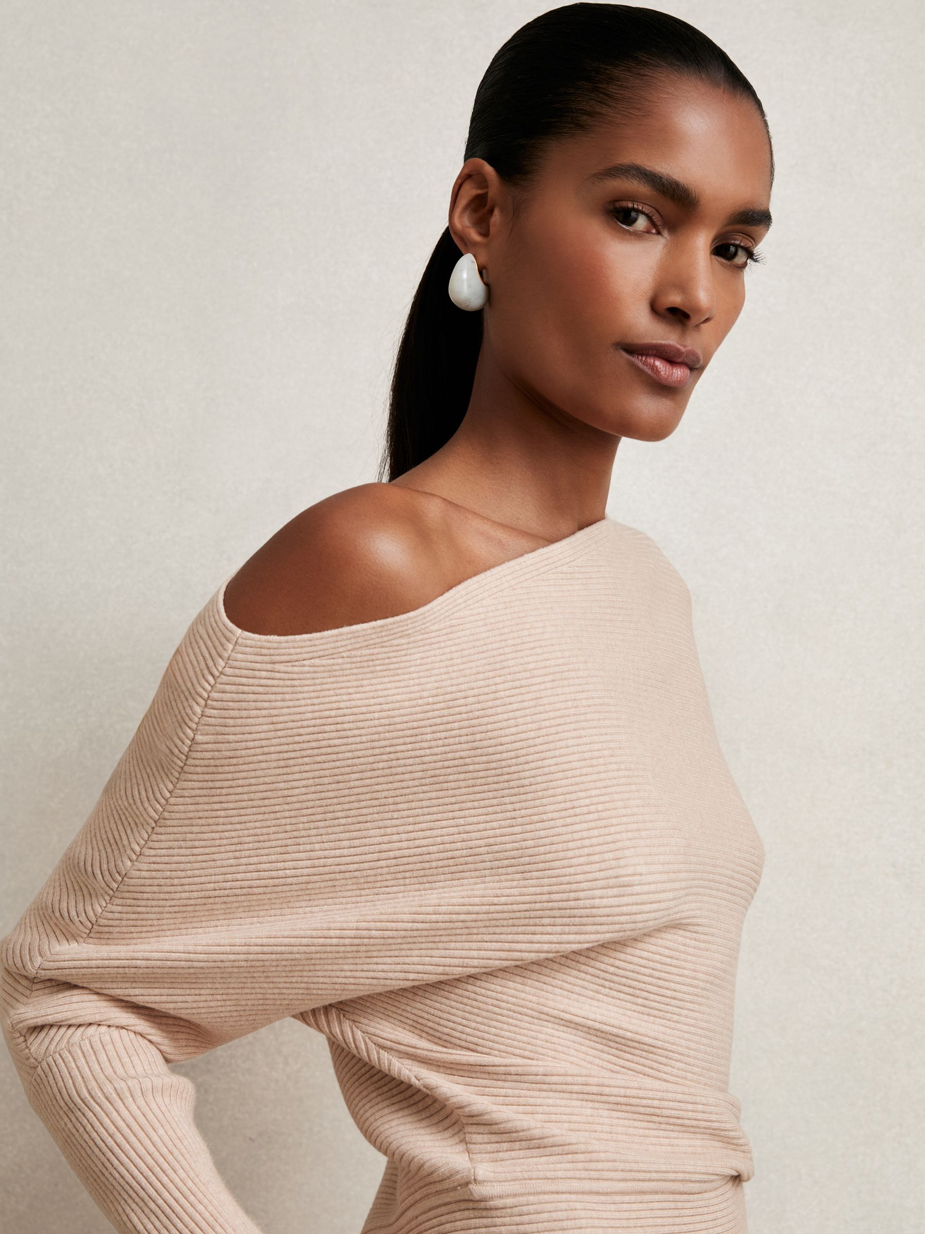 Asymmetric Draped Knitted Jumper in Oatmeal Neutral