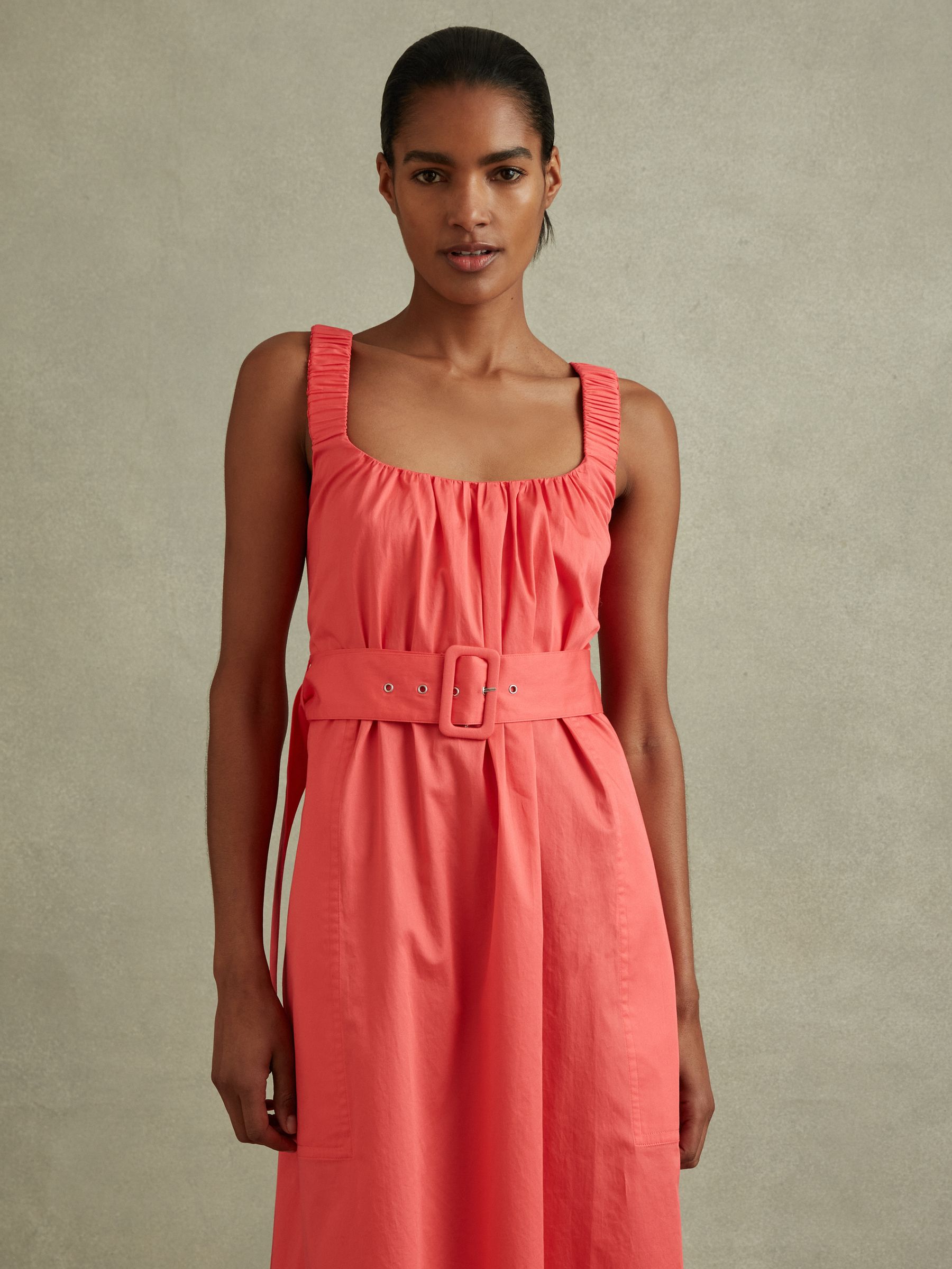 Cotton Ruched Strap Belted Midi Dress in Coral