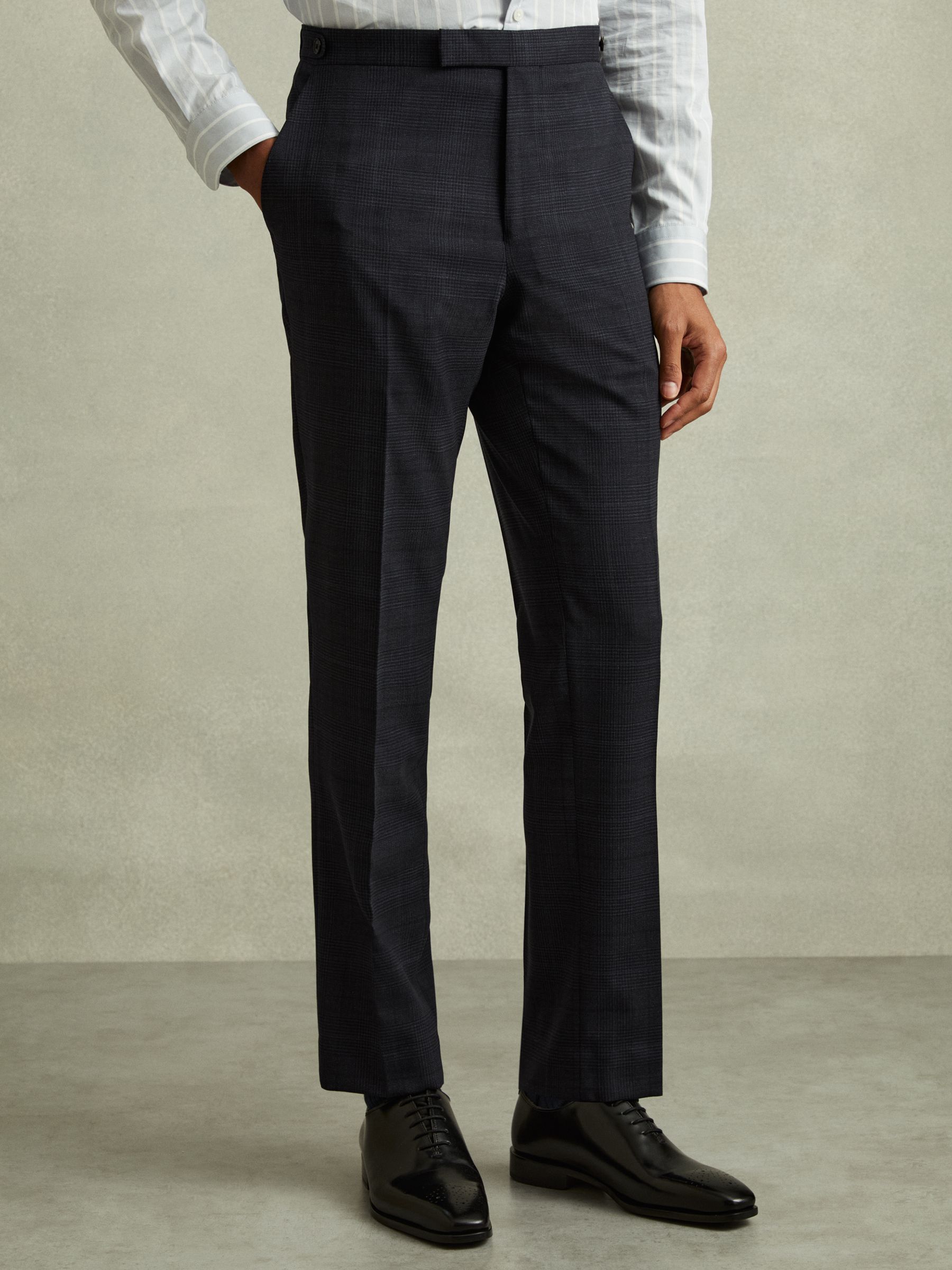 Wool Blend Suit Trousers in Prince of Wales Check in Navy
