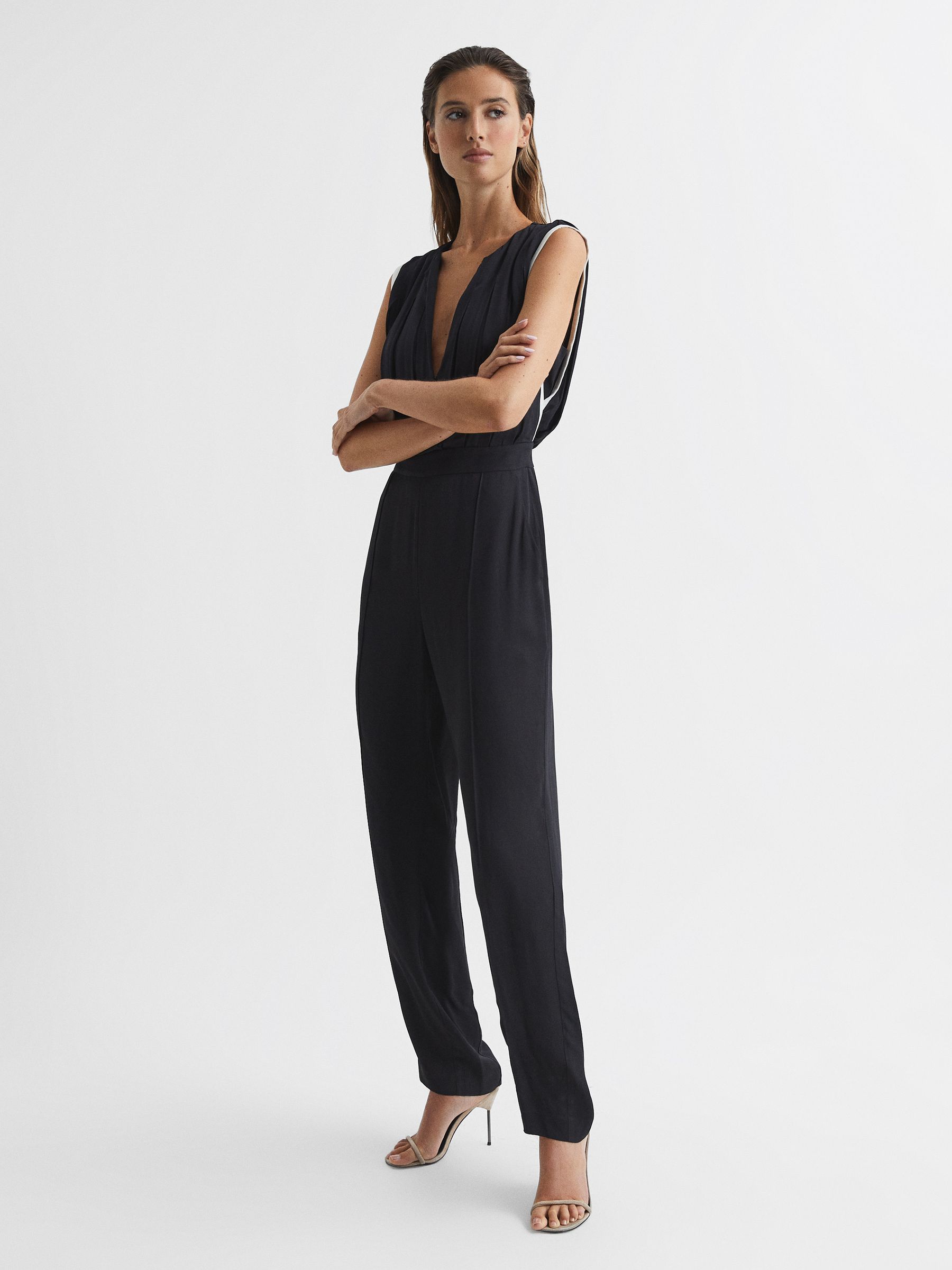 Petite Neck Tie Wide Leg Jumpsuit in Black
