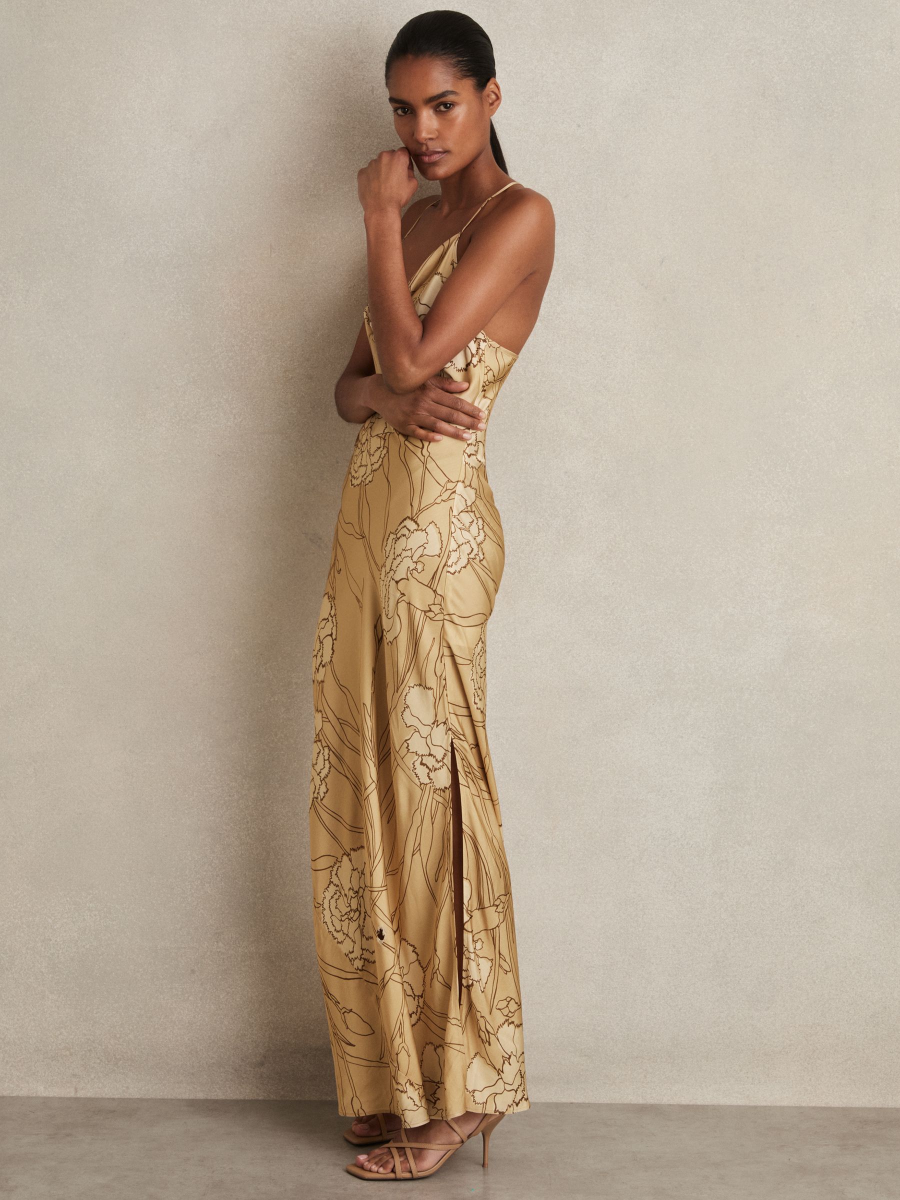 Satin Floral-Print Slip Maxi Dress in Gold