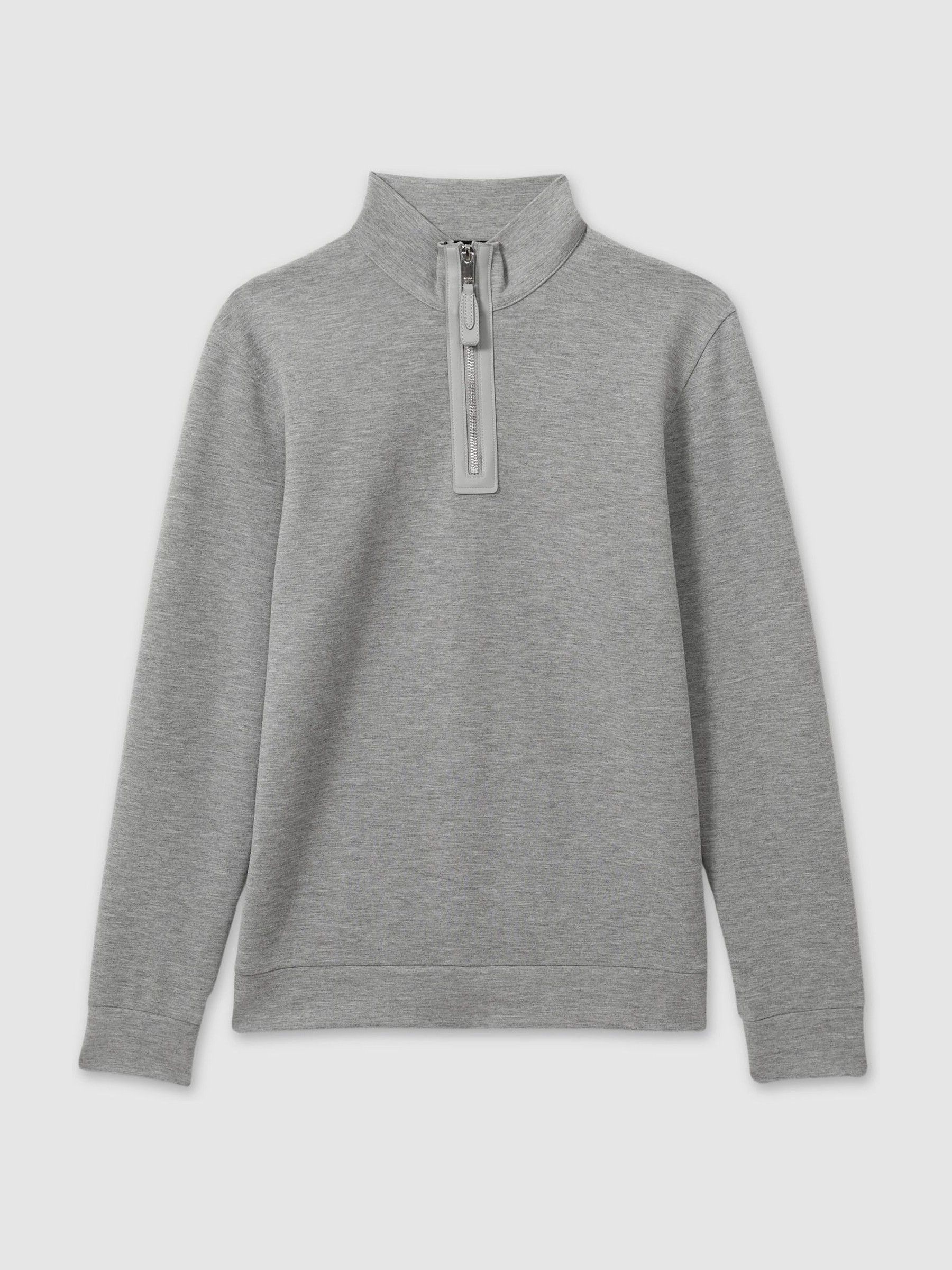 Leather-Placket Interlock-Jersey Sweatshirt in Grey Melange