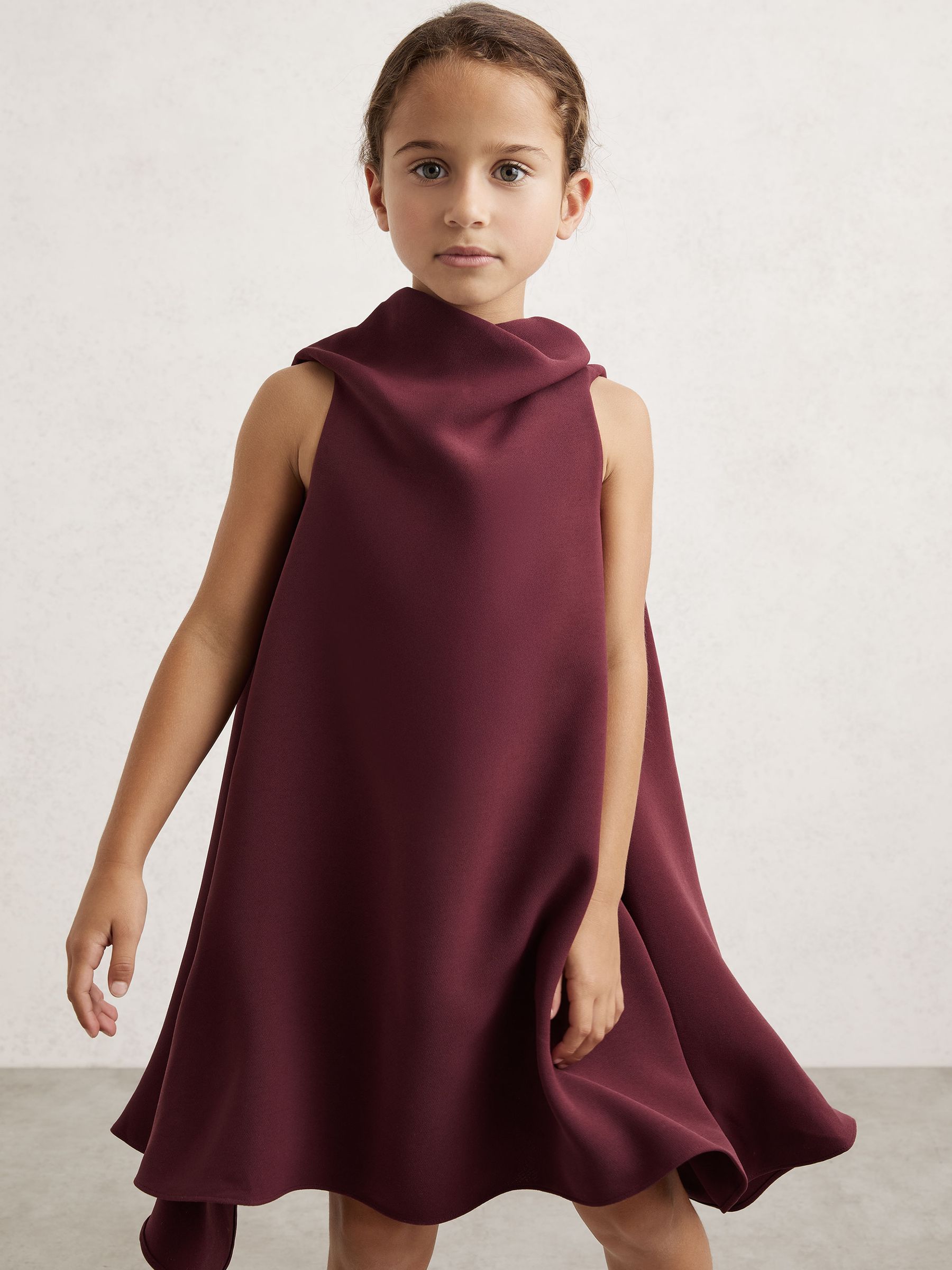 13-14 yrs High-Neck Drape Back Dress in Burgundy