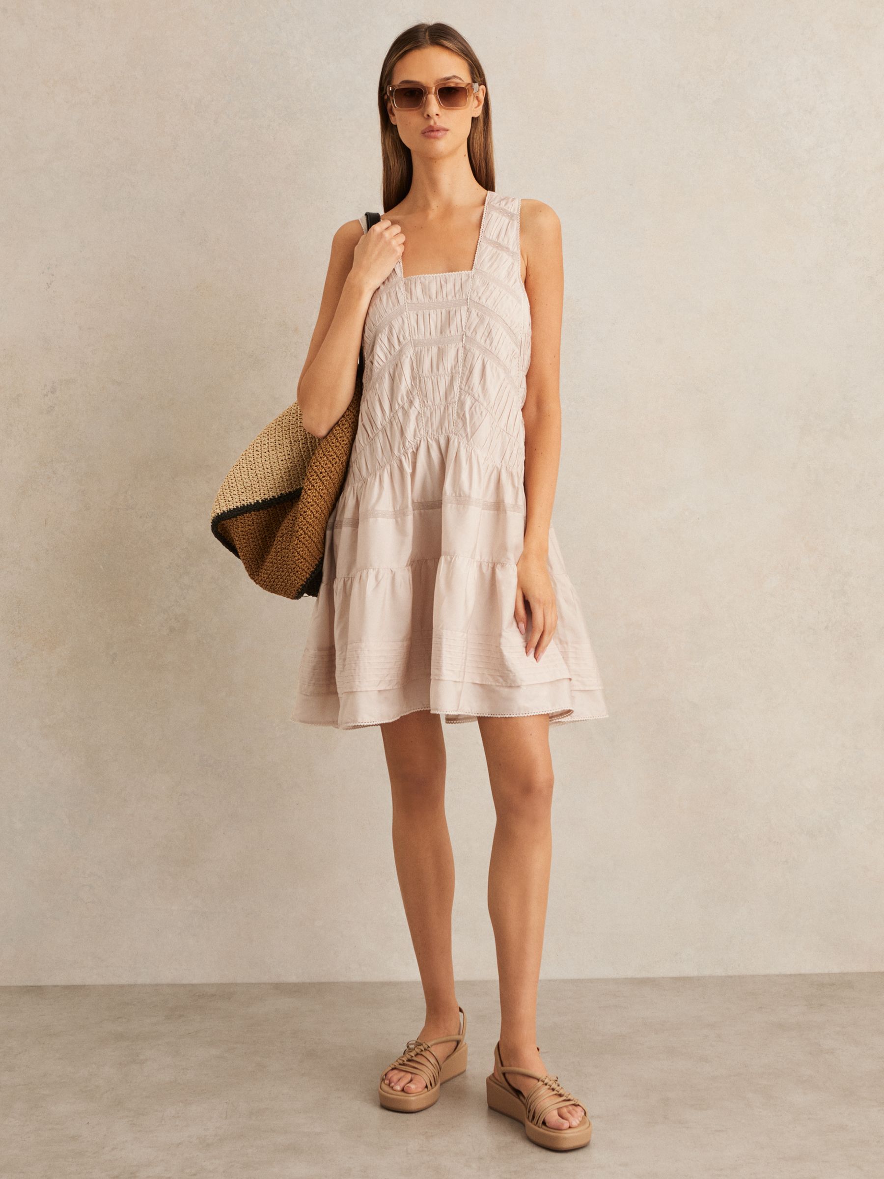 Shirred Ruffle Hem Mini Dress in Neutral