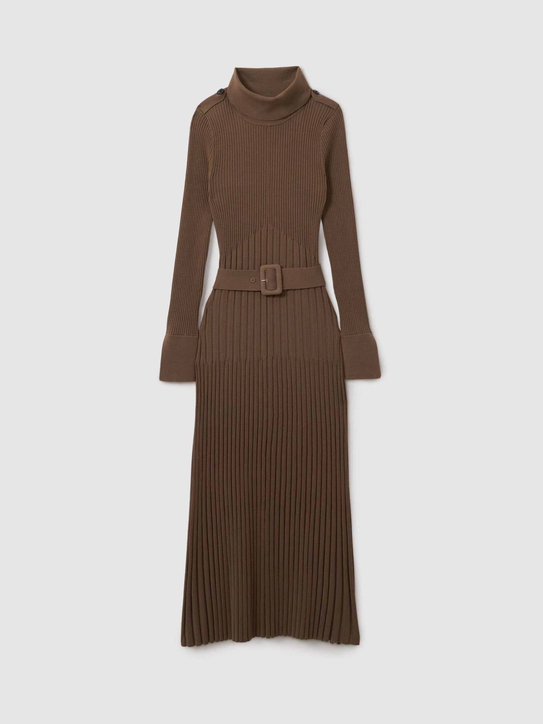 Ribbed Roll Neck Belted Midi Dress in Mocha