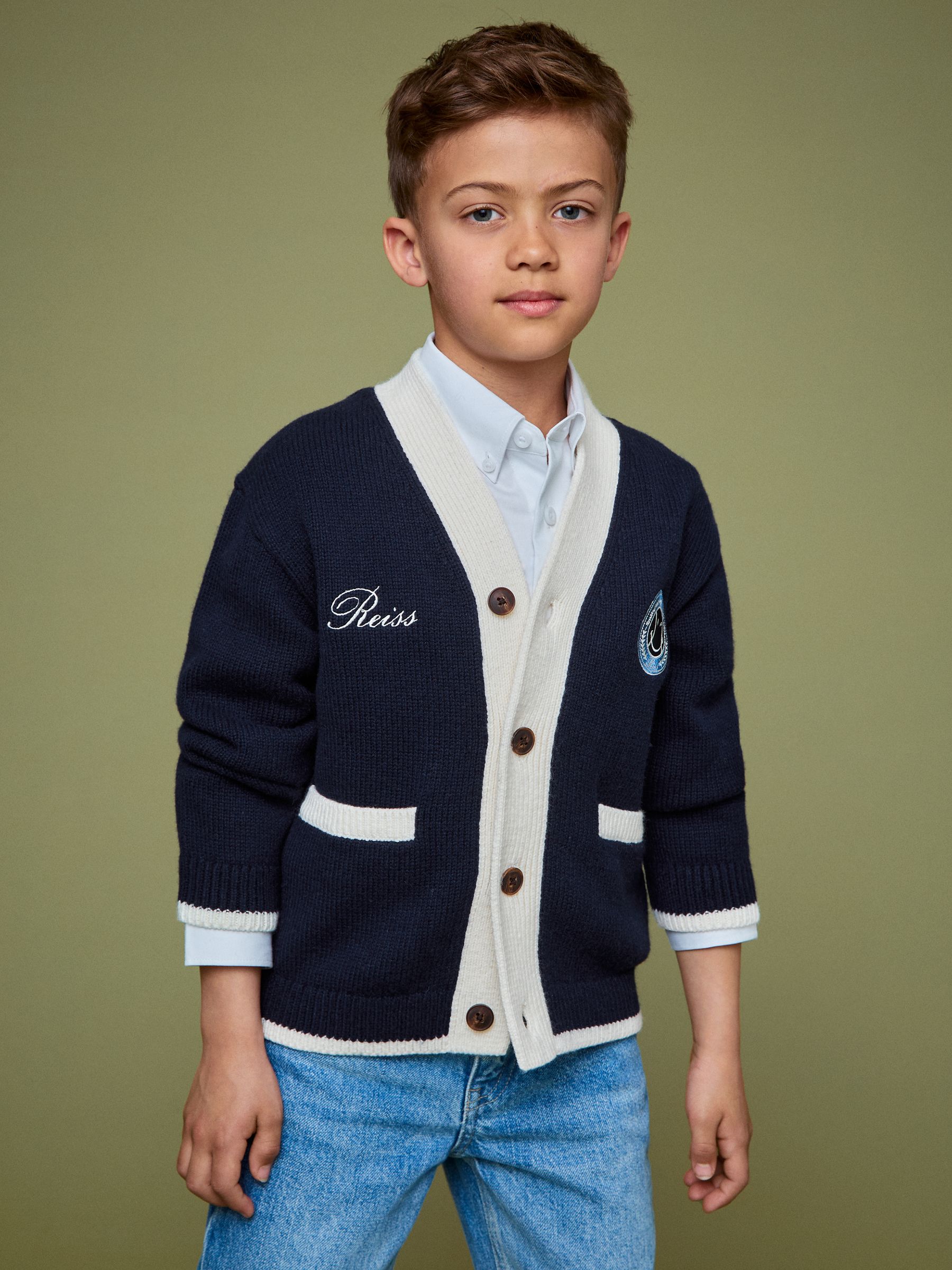 13-14 yrs SmileyWorld | Reiss Logo Cardigan Unisex Fit in Off White