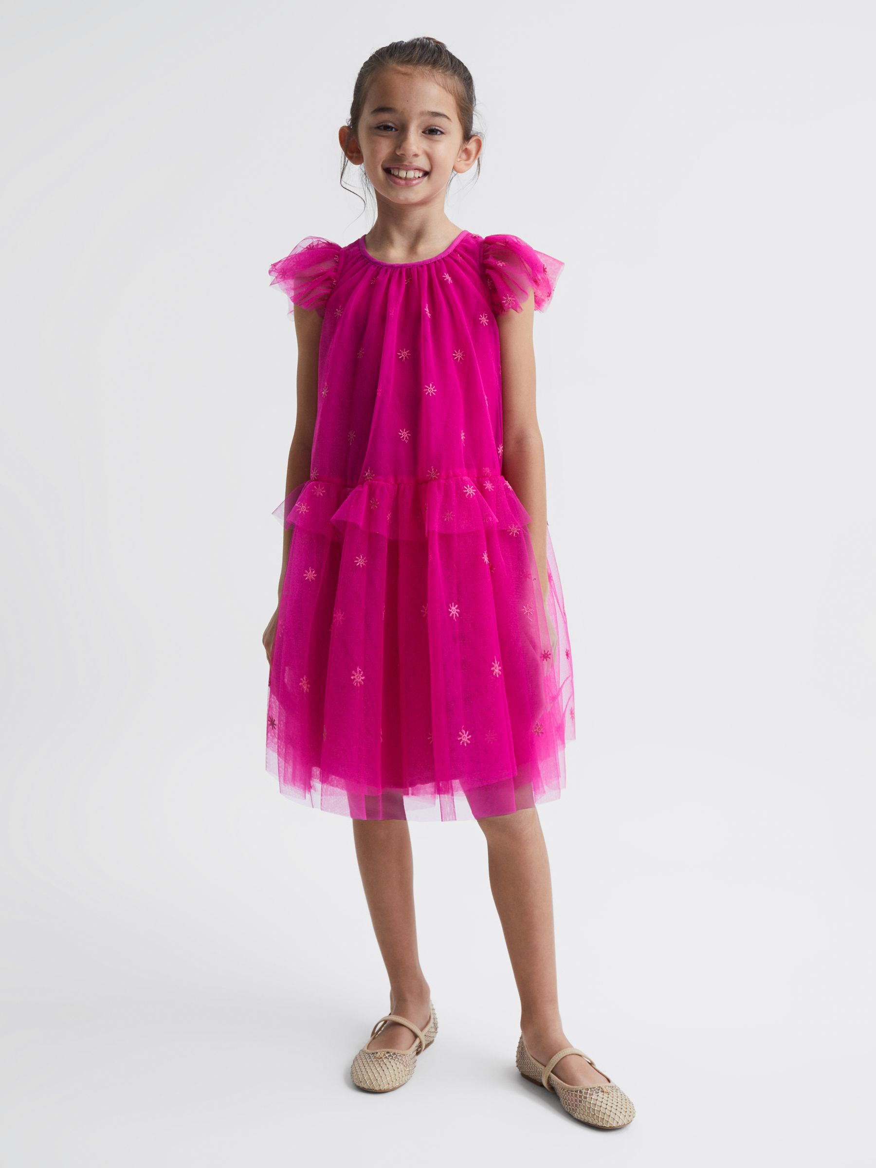 Junior Tulle Embroidered Dress in Bright Pink