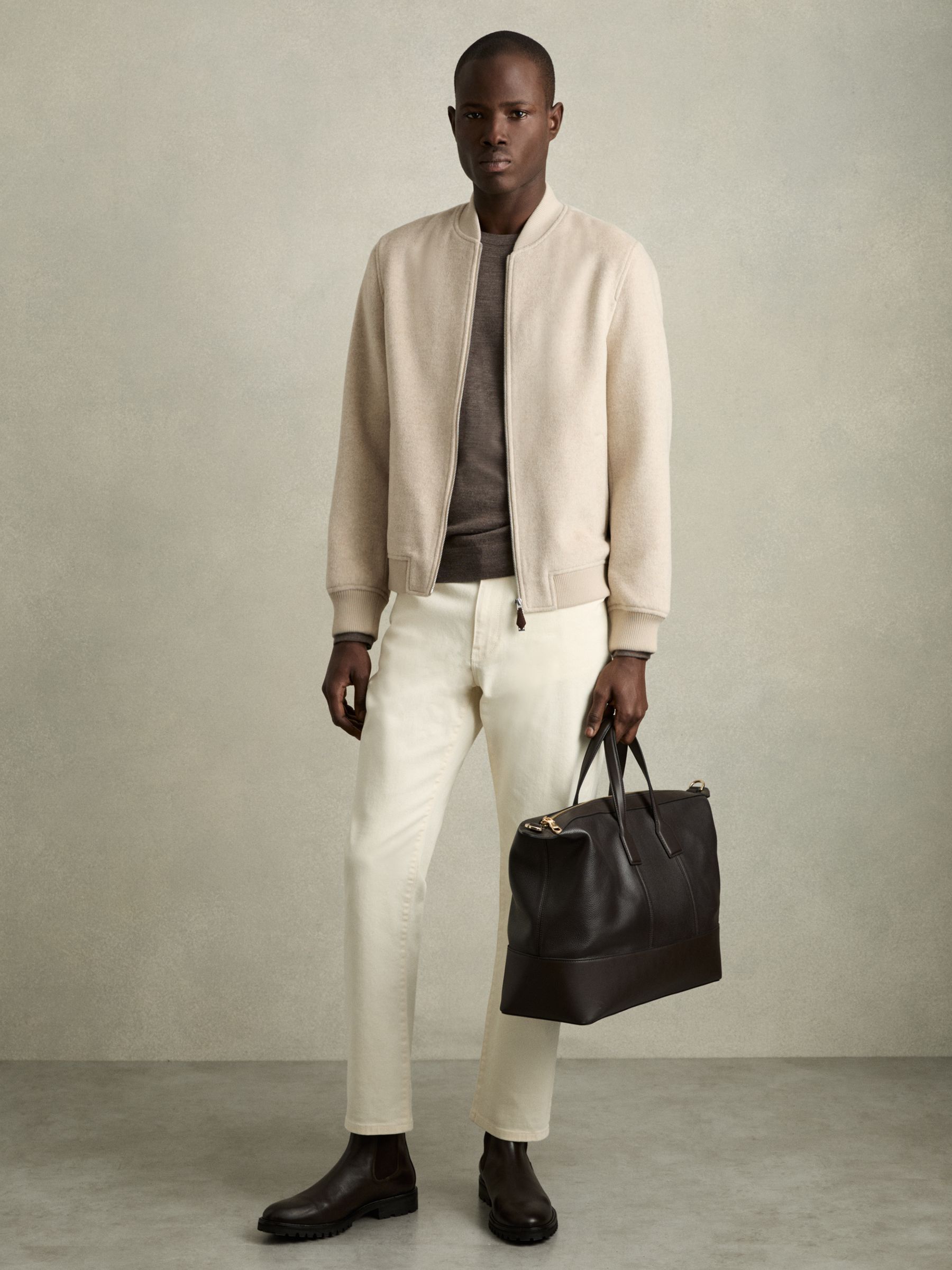 Brushed Wool-Blend Bomber Jacket in Stone