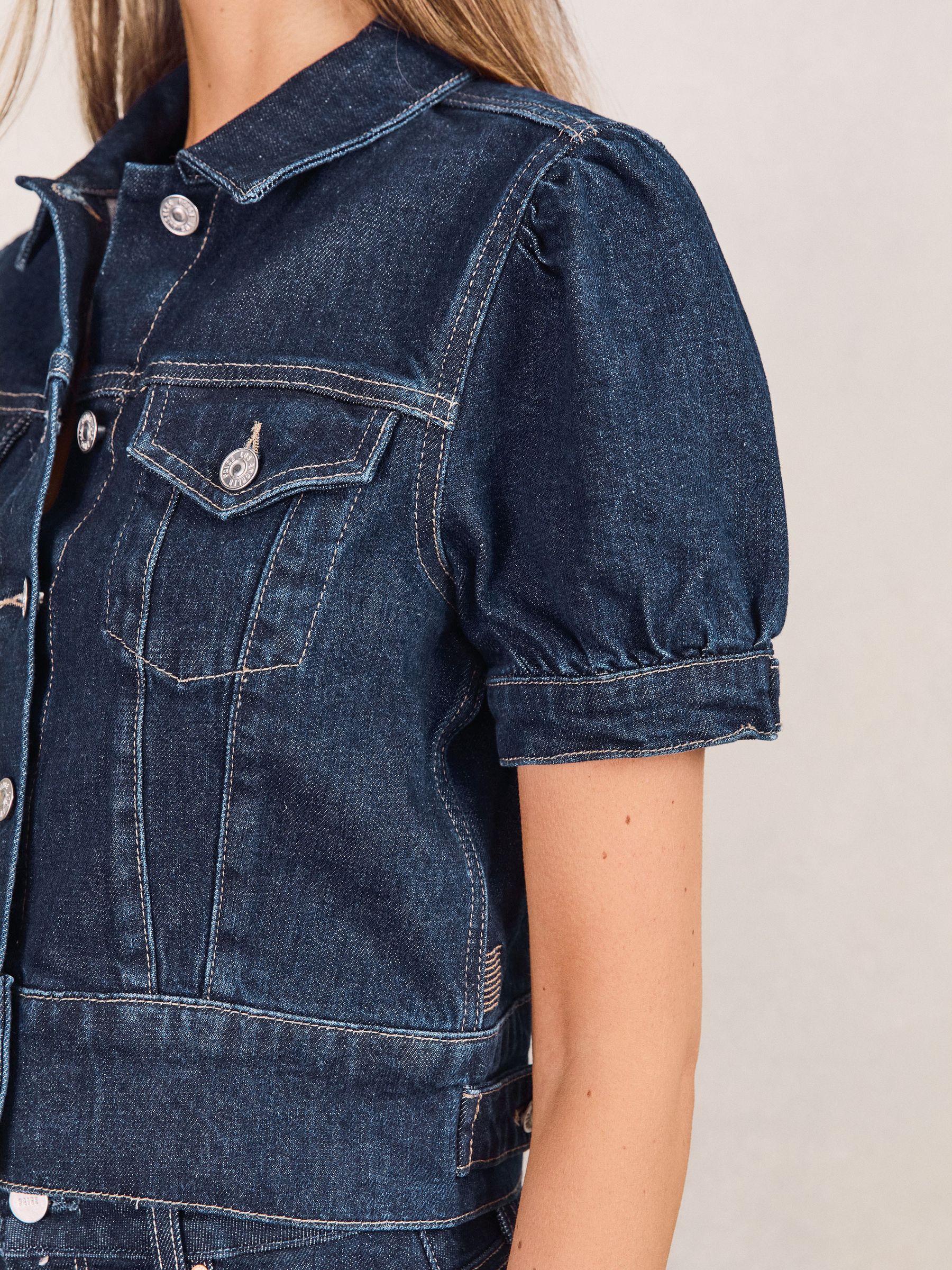 Paige Puff-Sleeve Short Denim Jacket in Emberlynn Blue